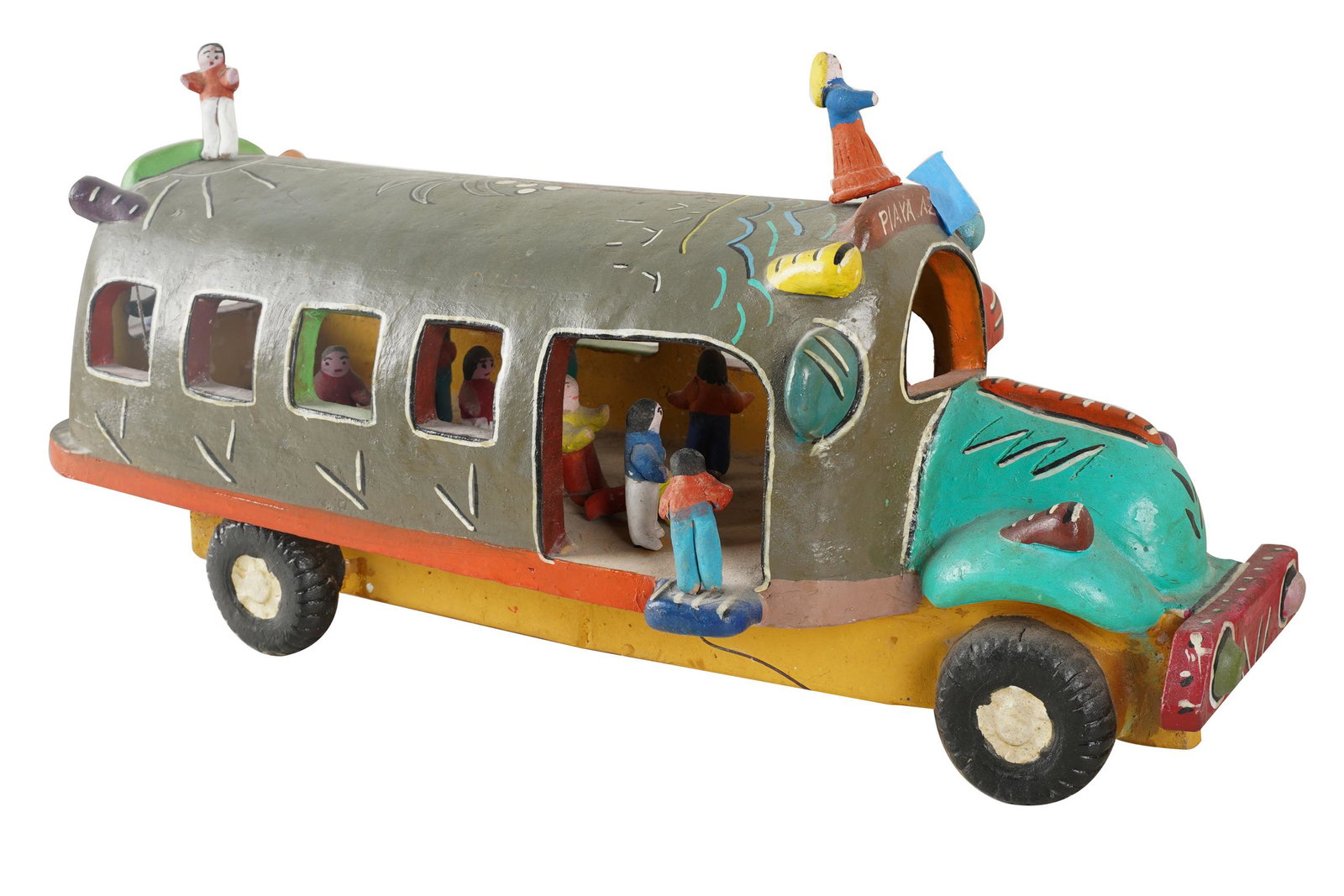 MEXICAN FOLK ART PAINTED WOOD BUS: Provenance: The Freund Family Collection; Condition: good; one figure detached and retained (can easily be re-attached; wires still present) 18 inches wide; 5 1/2 inches deep; 7 inches high