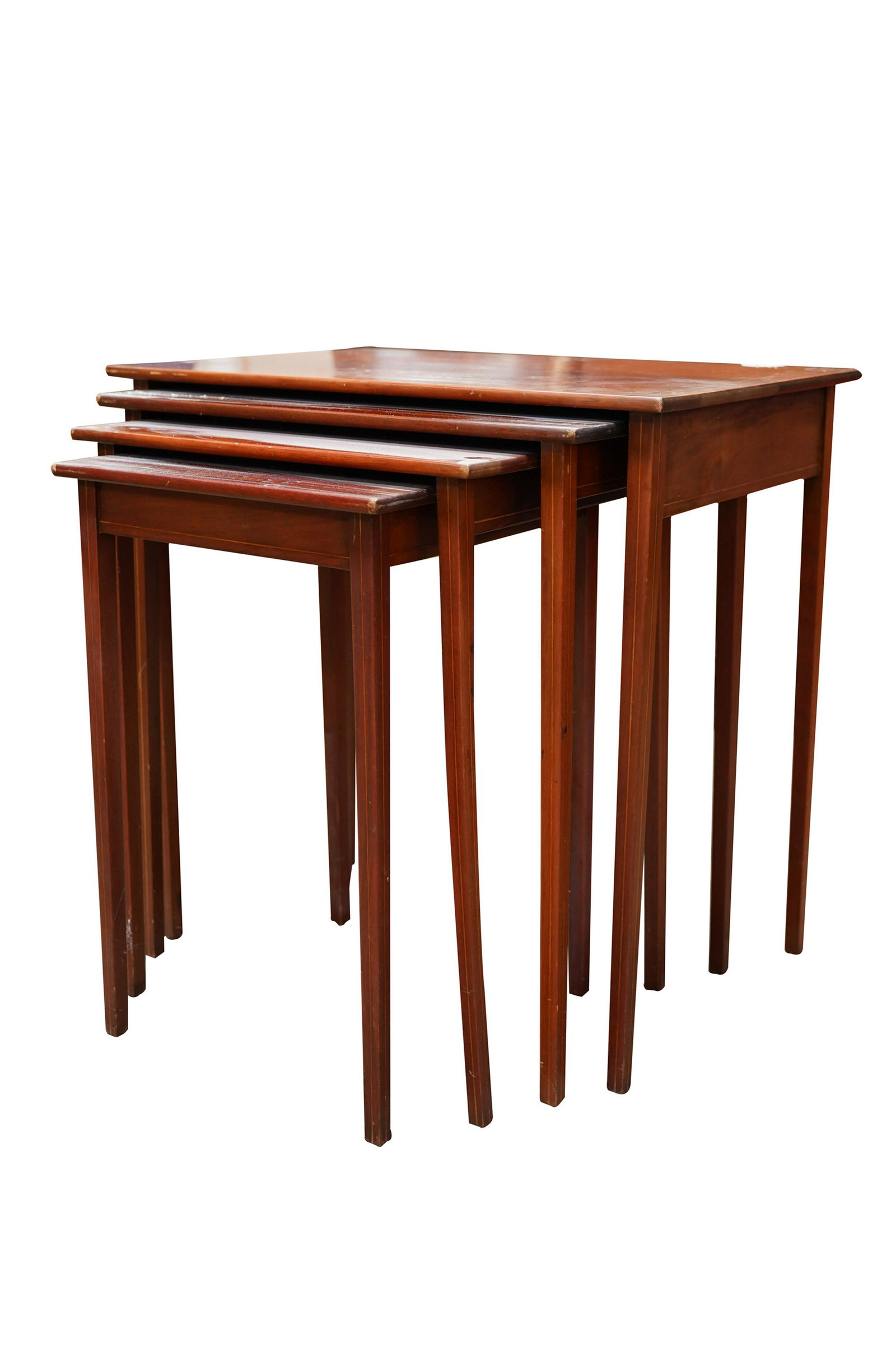 NEST OF FOUR MAHOGANY TABLES: each with banded inlay to top; Condition: scratches, marks and minor nicks; the largest: 28 inches wide; 18 inches deep; 27 inches high
