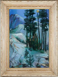 RICHARD HAINES (1906 - 1984): LANDSCAPE: 1948; signed lower right; signed again and verso; Condition: craquelure and paint loss throughout; 32 x 22 inches; 41 1/2 x 31 inches frame