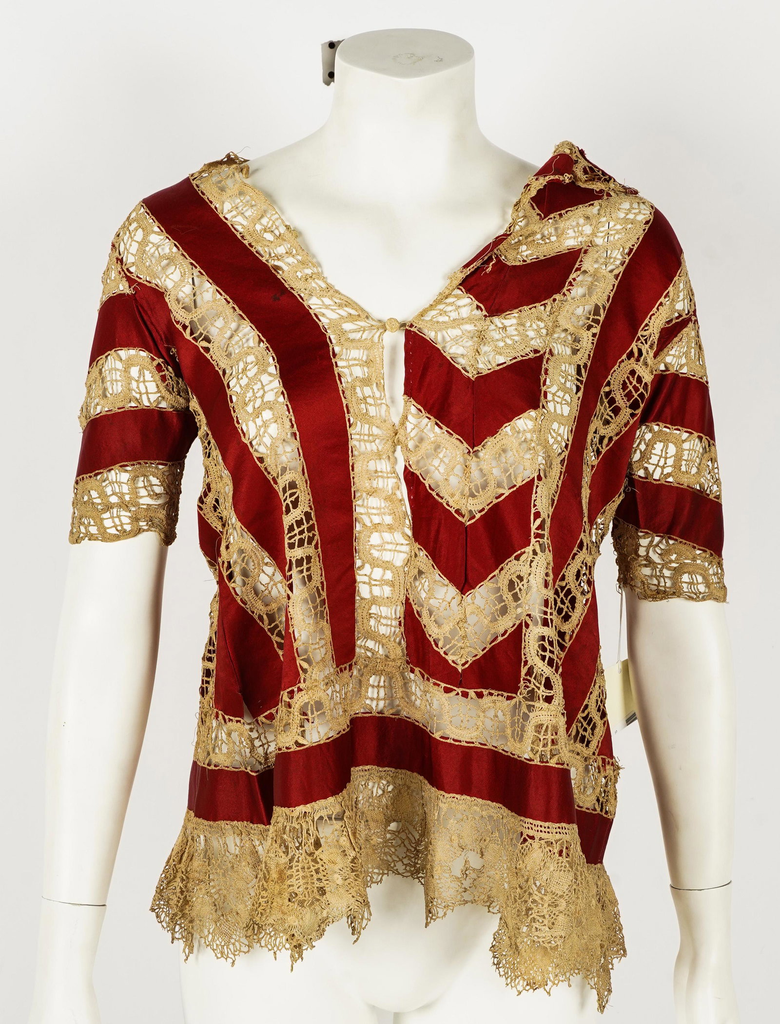 HOUSE OF WORTH: ANTIQUE WOMEN'S BLOUSE: circa 1885-1890; satin ribbon and battenburg lace; 26 Ã— 27 1/4 inches