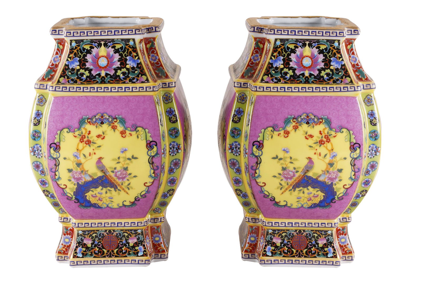 PAIR OF CHINESE POLYCHROME PORCELAIN SQUARE VASES (1 of 9)