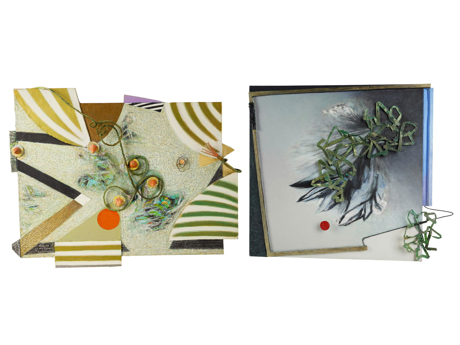 LUCY MAKI (B. 1955): TWO WORKS: each mixed media collage on canvas; each signed and dated verso, the first: 1985 (22 x 22 inches canvas; 22 x 26 inches overall); the second: 1986 (24 x 18 inches canvas; 27 x 22 inches overall)