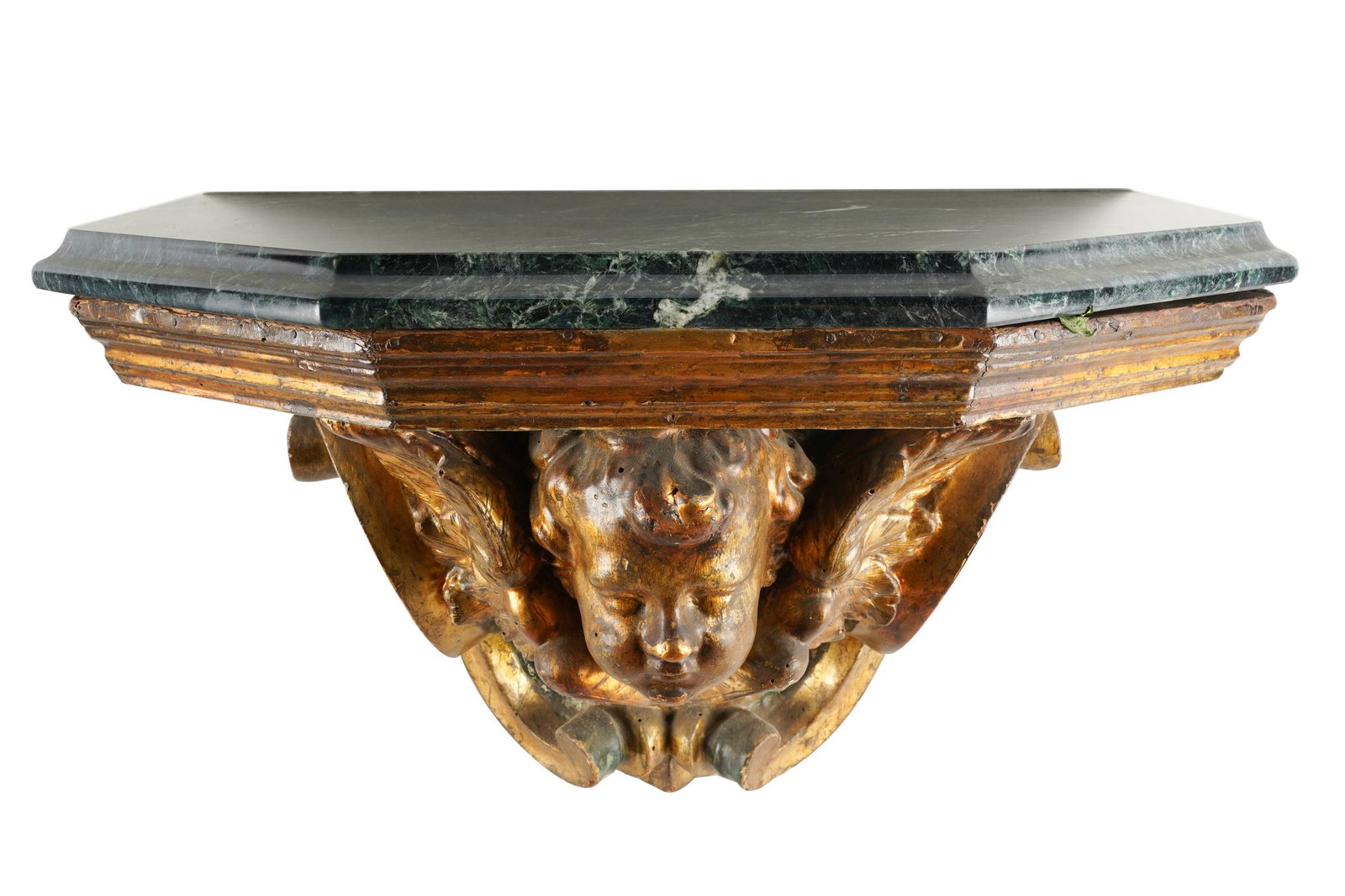 GILTWOOD MARBLE-TOP CONSOLE: Condition: with scratches and areas of minor paint loss; chips to wood under base; insect holes throughout; 22 1/2 inches wide; 13 inches deep; 14 1/2 total inches high