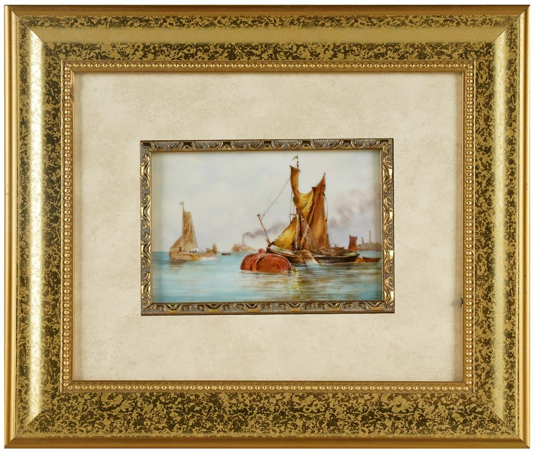 KPM: HARBOR SCENE PORCELAIN PLAQUE: impressed KPM and scepter mark, further impressed "158", "115" and "ZN"; Condition: a few light scratches to painted surface; not examined out of frame; 3 3/4 x 5 3/4 inches sight; 11 x 13 inches fram