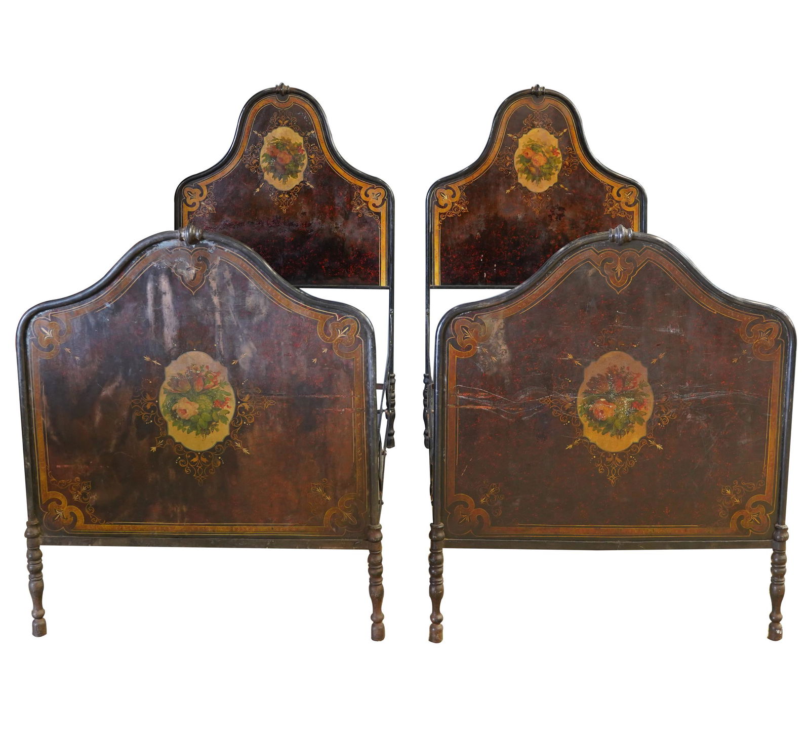 PAIR OF PAINTED METAL BEDS: 19th century; each twin size; Condition: with paint loss and oxidation throughout; frames in need of repairs; one with modern replaced brace; 83 inches wide; 42 inches deep; 67 inches high;