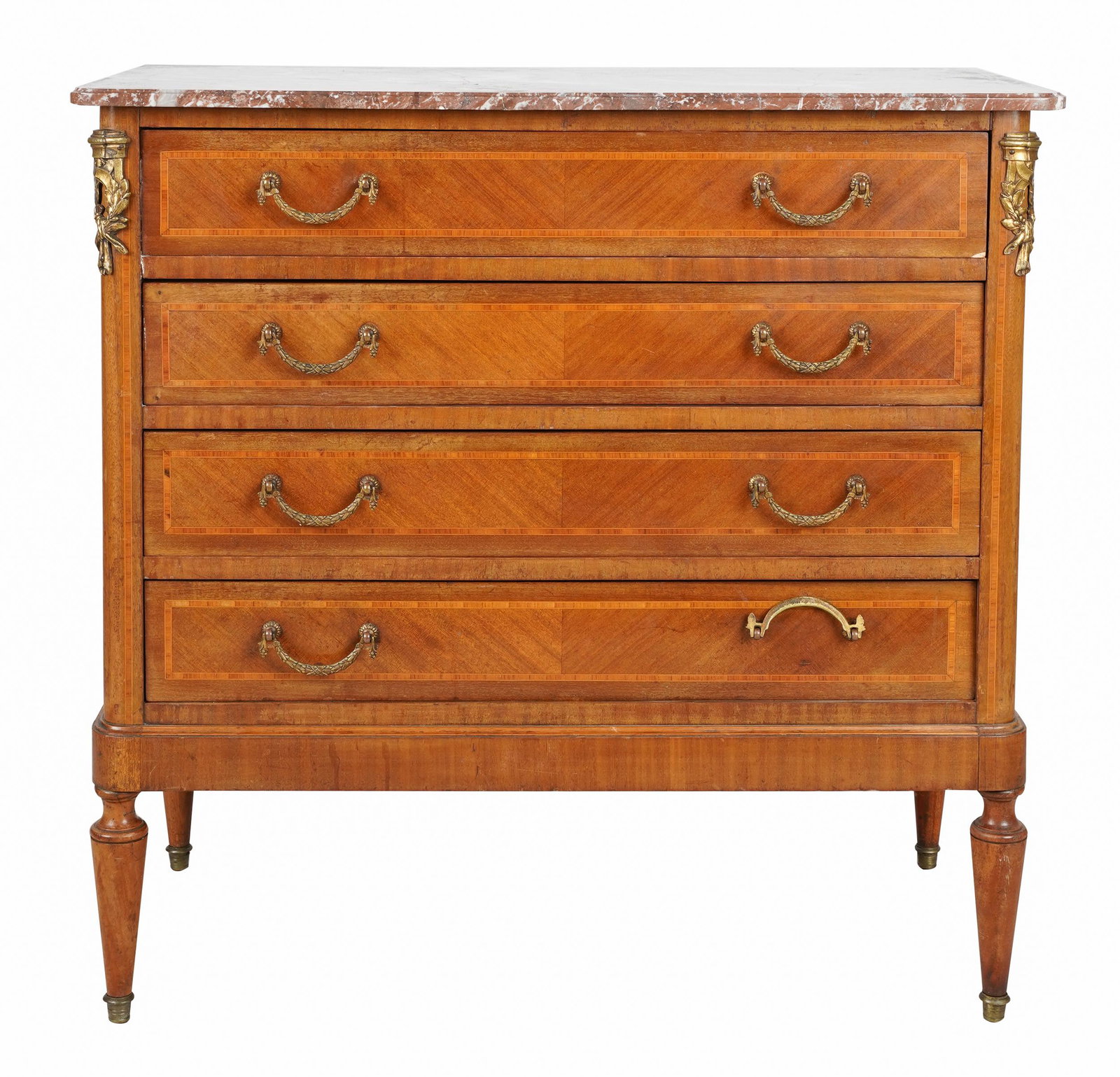 NEOCLASSIC GILT METAL-MOUNTED MARBLE-TOP COMMODE: having four drawers with cross-banded fronts; Condition: veneer loss to case and drawer edge; 35 1/2 inches wide; 18 inches deep; 34 1/2 inches high