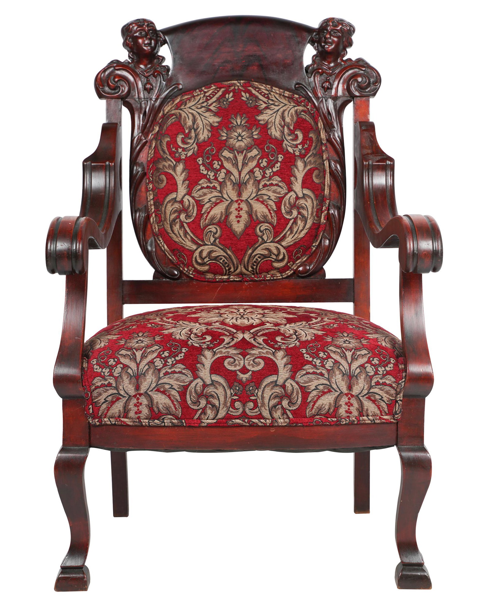 CARVED MAHOGANY HALL CHAIR: 20th century; covered with floral fabric; Condition: slight edge wear to crest rail and legs; fabric in good condition; 27 1/2 inches wide; 22 inches deep; 42 1/2 inches high; seat height: 18 inches