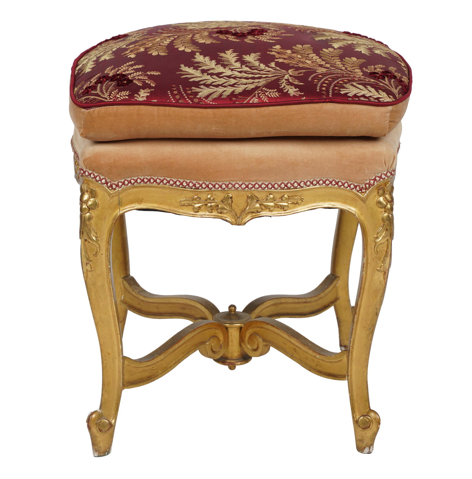 ROCOCO-STYLE GILTWOOD STOOL: with embroidered seat cushion; Condition: with slight loss to gesso on frame; 19 1/2 inches square; 21 inches high
