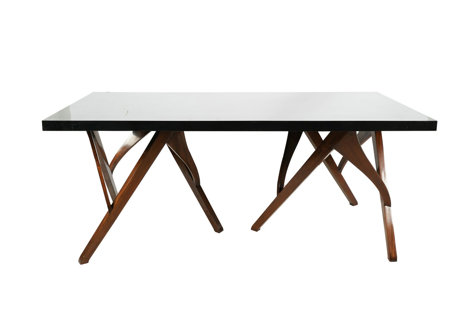 MAHOGANY LACQUER SIX-LEG DESK: Condition: with a few minor surface scratches to top; 72 inches wide; 36 inches deep; 30 inches high