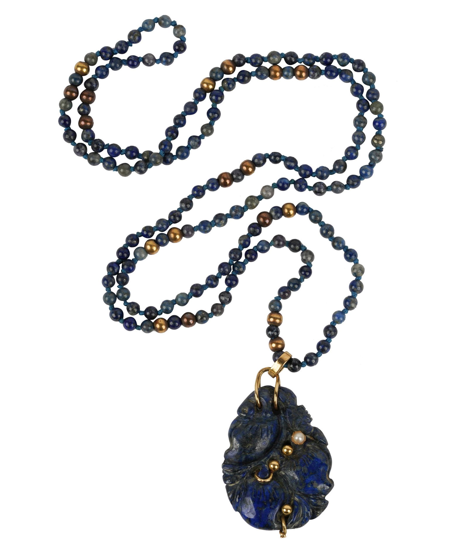 18 KARAT YELLOW GOLD, LAPIS LAZULI, & PEARL NECKLACE: containing one drop shape drilled and carved lapis lazuli measuring approximately 42.00 x 30.00 x 7.05 mm; two semi-spherical half-drilled pearls at 3.50 and 4.25 mm; together with a single-strand nec