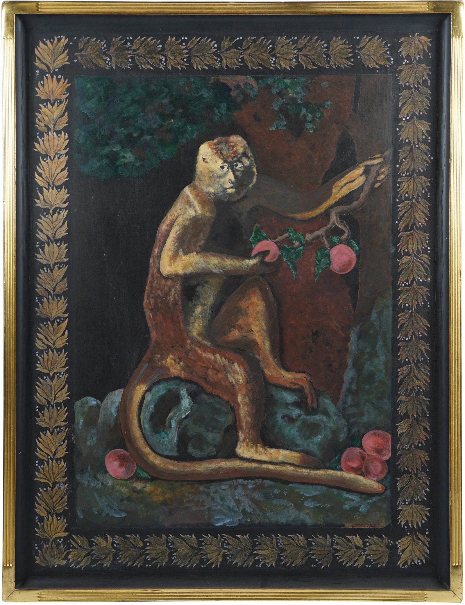 E. TAVA BAUSMAN: MONKEY: oil on panel; signed lower right; 50 x 38 inches; 52 x 40 inches frame