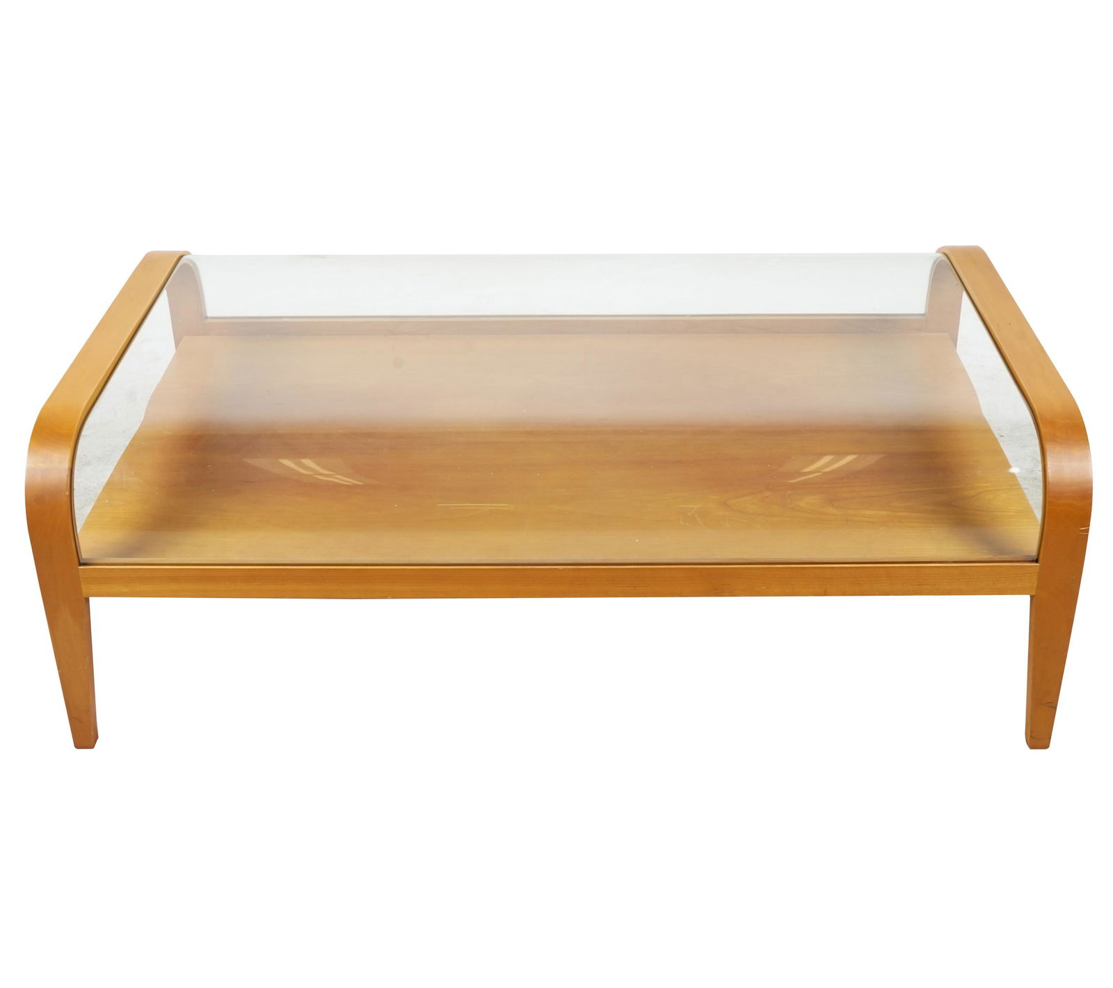 WOOD & GLASS COFFEE TABLE: unsigned; with open-ended display top; Condition: heavy wear to legs; scratches throughout; 47 1/4 inches wide; 28 inches deep; 17 inches high