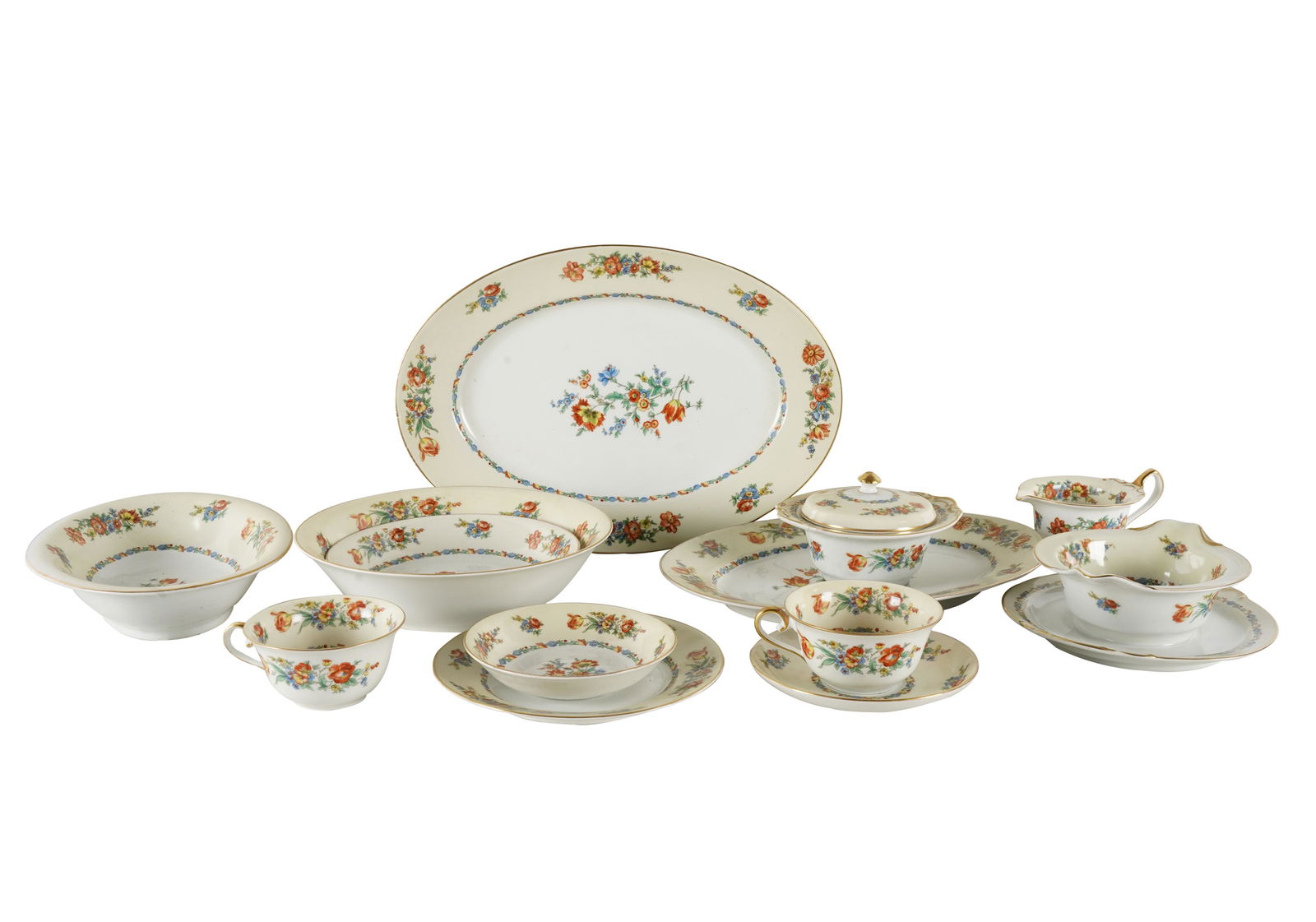 KPM PORCELAIN SERVICE: Athena pattern; printed factory mark; comprising 12 tea cups (4 1/2" dia.), 12 saucers (5 7/8" dia.), 12 fruit bowls (5 3/8" dia.), 12 shallow bowls (7 1/2" dia.), 1 round serving bowl (9 1/2" dia.),