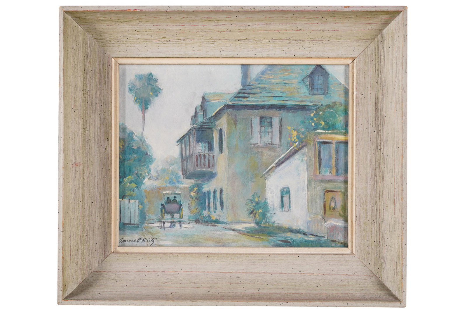 EMMET JOHN FRITZ: AVILES STREET, PATIO HOUSE, FLORIDA": 1962; gouache on board; signed lower left; titled and dated verso on frame; 8 x 10 inches; 12 x 14 inches