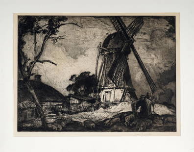 SIR FRANK BRANGWYN: WINDMILL, DIXMUDEN": 1908; etching; signed in pencil lower right; unnumbered; Reference: Gaunt 12; Marechal 0.1125.111 sheet: 25 3/4 x 33 3/4 inches