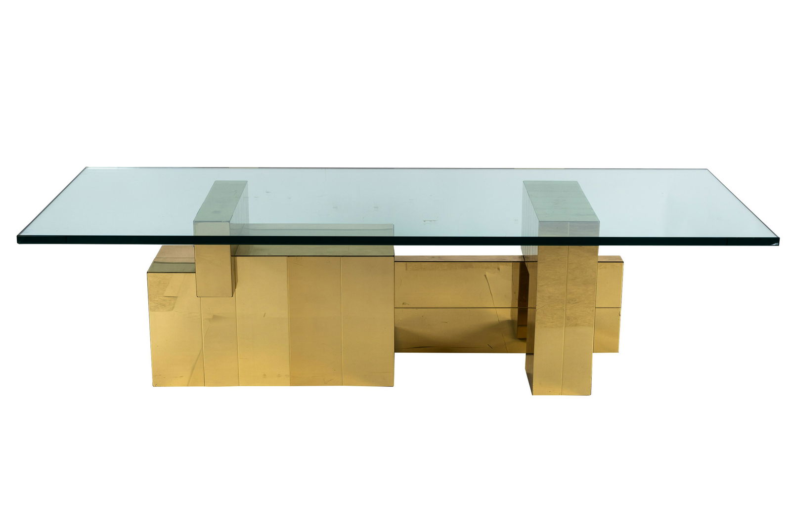PAUL EVANS: GLASS & BRASS-VENEERED COFFEE TABLE (1 of 10)