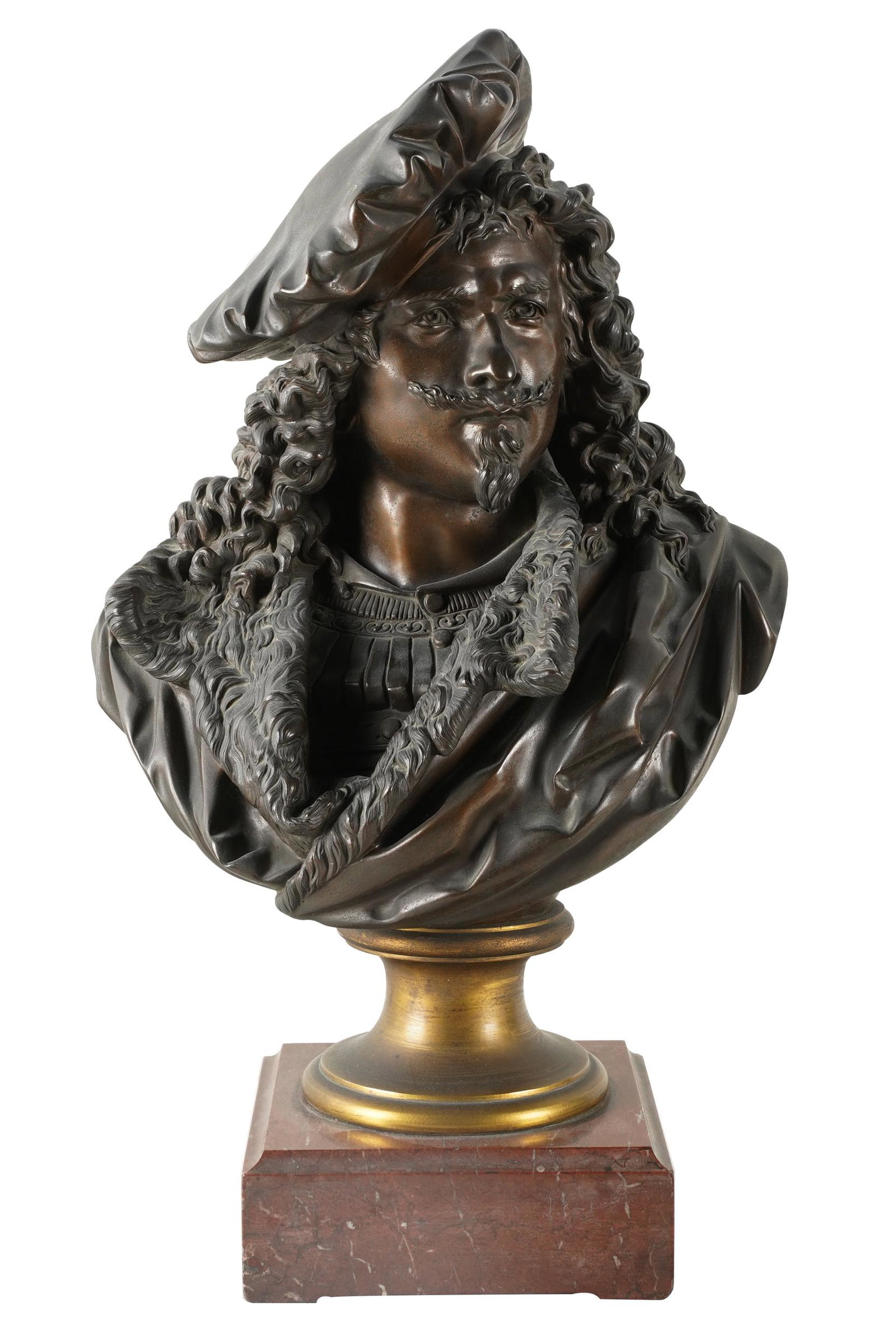 ALBERT-ERNEST CARRIER--BELLEUSE: REMBRANDT: bronze with dark brown patination; signed "A Carrier" to back; mounted on a rouge marble plinth; Condition: scattered scratches; rubbed wear to patination; chips to edges and corners of marble plinth;