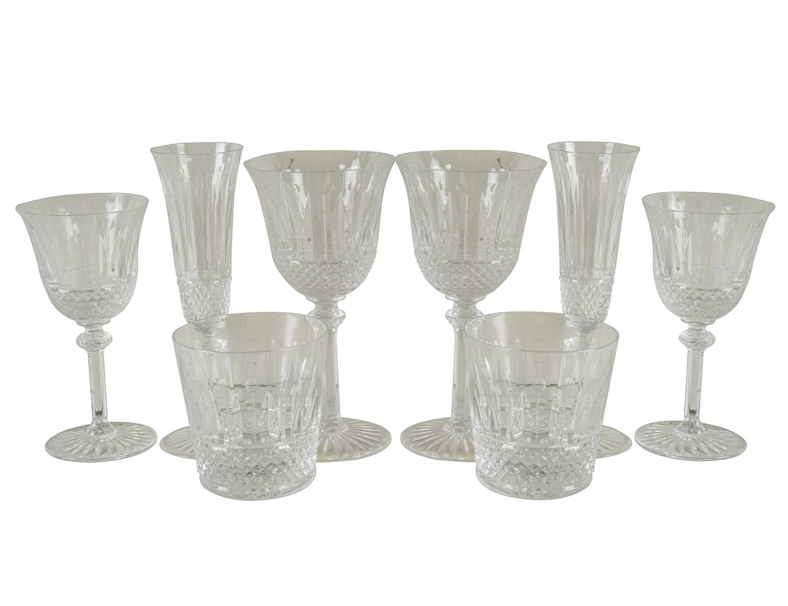 ST. LOUIS: CRYSTAL DRINKS SERVICE: marked to undersides, comprising: 5 old fashioned (3 1/2" high); 6 double old fashioned (4" high); 6 champagne flutes (8" high); 7 wine glasses (6 3/4" high; and 6 water goblets (7 3/4" high) [30 piec