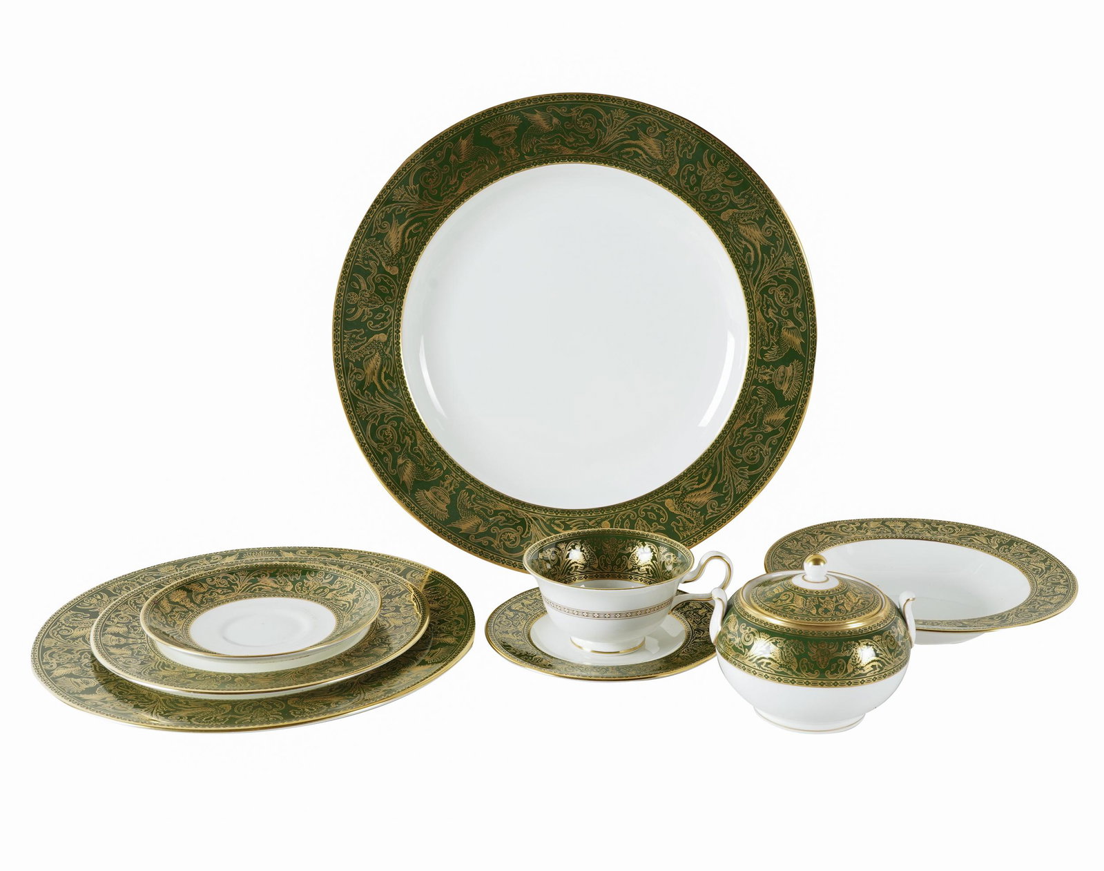 WEDGWOOD: 'FLORENTINE' BONE CHINA SERVICE: printed factory marks, comprising: 1 round platter (13 1/4" dia.); 12 dinner plates (10 3/4" dia); 12 cups (4 1/4" dia.); 12 saucers (5 3/4" dia.); 1 covered sugar (4" dia.), 1 creamer (4 1/4" high); 