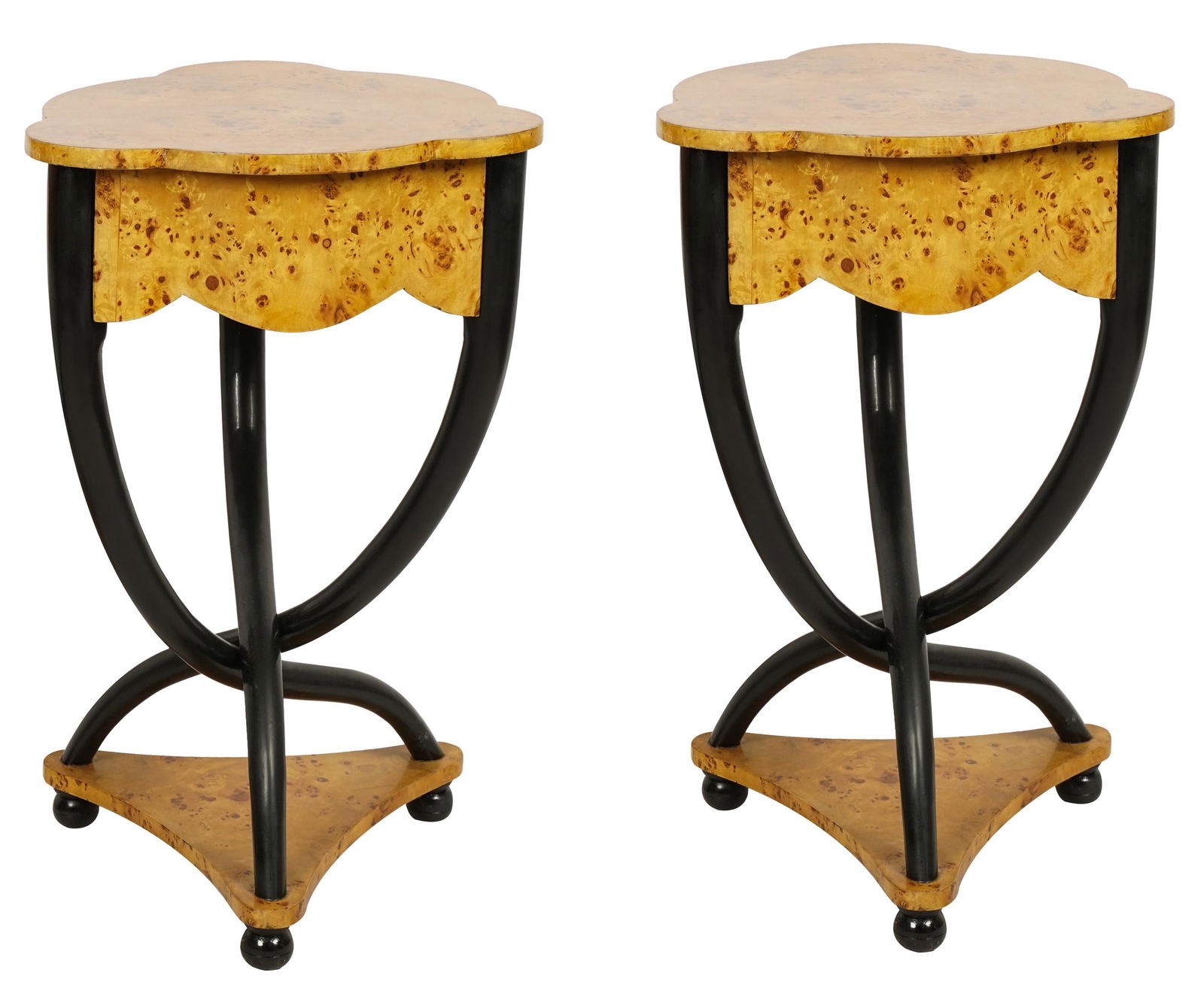 PAIR BURL &  EBONIZED SIDE TABLES (1 of 9)