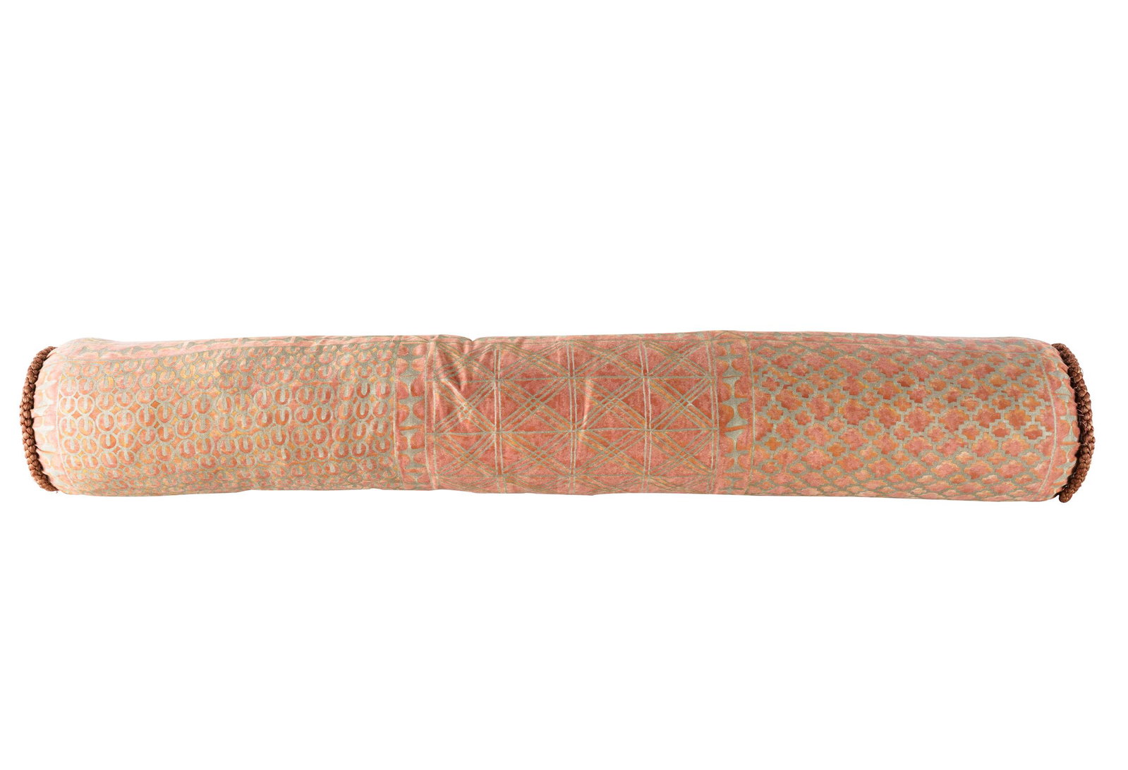 FORTUNY FABRIC BOLSTER PILLOW: with passementerie trim to each end; Condition: loose threads on trim; 29 inches wide