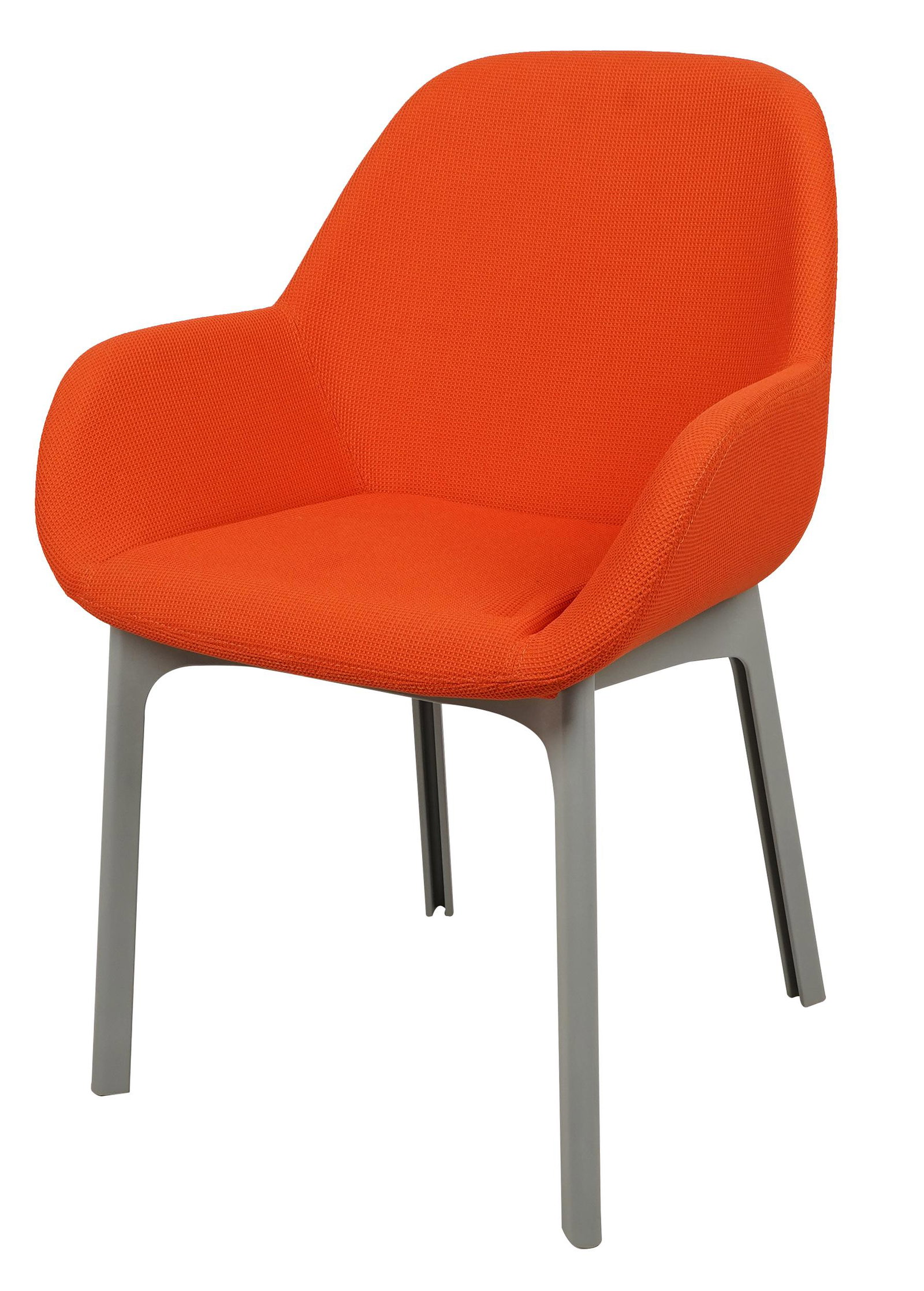 KARTELL: 'CLAP' ARMCHAIR: signed to rear of seat rail & to underside; orange upholstery & grey plastic; Condition: a few smudges to fabric; a few light marks to legs; 23 inches wide; 19 inches deep; 33 1/2 inches high; seat he