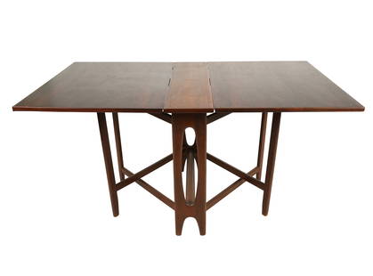 BENDT WINGE FOR KREPPES MOBELFABRIKK: FOLDING TABLE: rosewood; the top with two hinged leaves; 8 1/2 inches wide closed (58 1/2 inches wide fully extended); 34 1/2 inches deep; 29 inches high