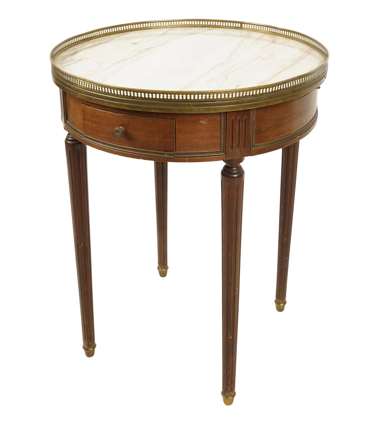 LOUIS XVI STYLE MARBLE-TOP BOUILLOTTE TABLE: after 1950; Condition: bending to gallery; 24 inches diameter; 30 inches high