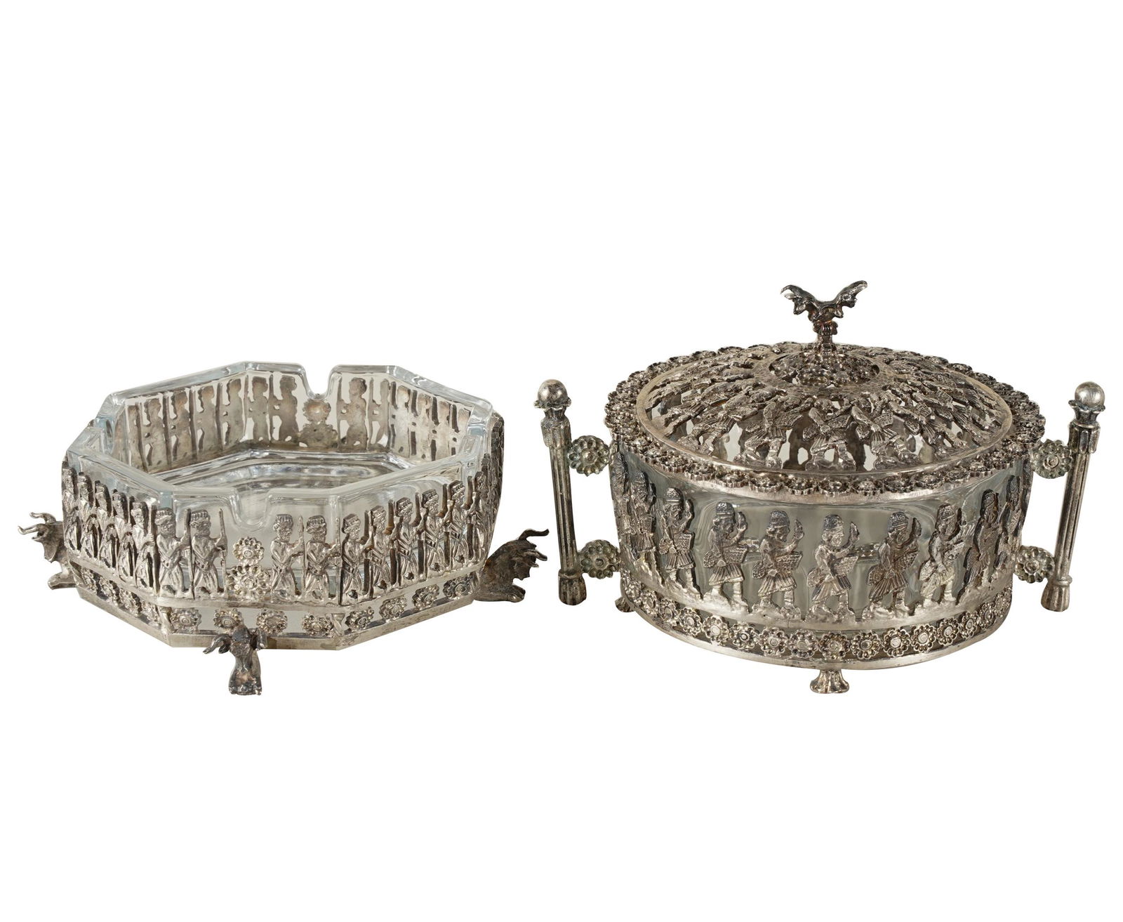 TWO SILVER & GLASS ASHTRAYS (1 of 8)