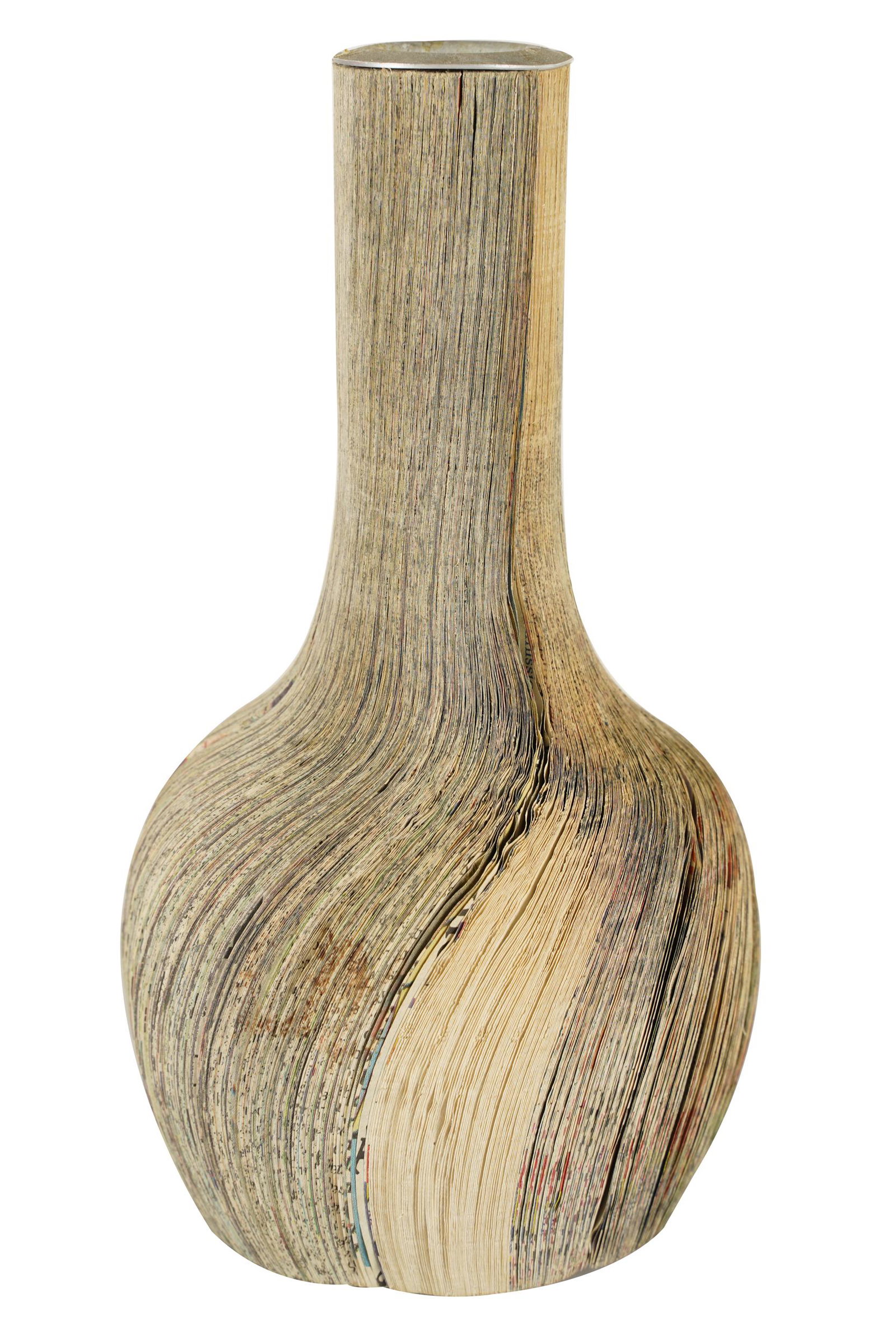 FOLK ART NEWSPAPER BOTTLE: circa 2004; fitted with a metal socket to mouth; Provenance: The Freund Family Collection; 8 inches high
