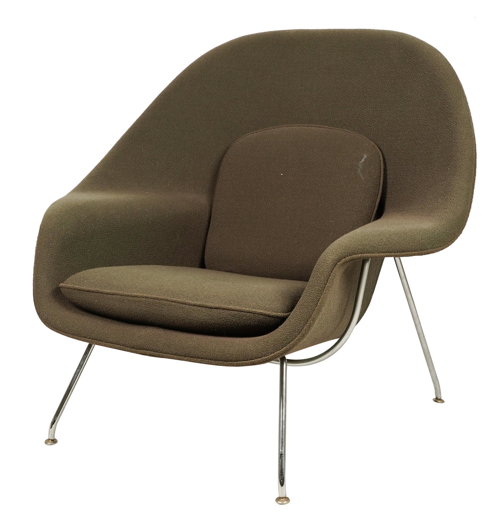 EERO SAARINEN FOR KNOLL: 'WOMB' CHAIR: with Knoll paper tag; brown wool and chromed metal; Condition: legs with slight oxidation; 42 inches wide; 36 1/2 inches high