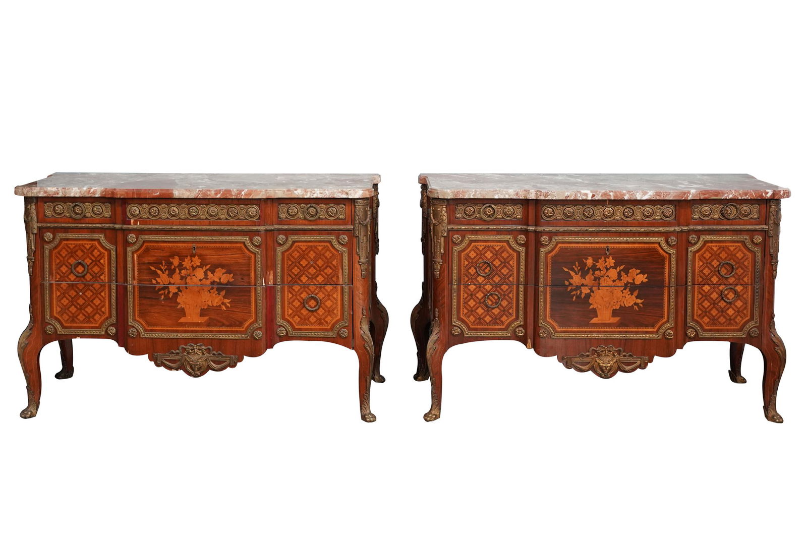 PAIR OF MARBLE-TOP MARQUETRY COMMODES (1 of 14)