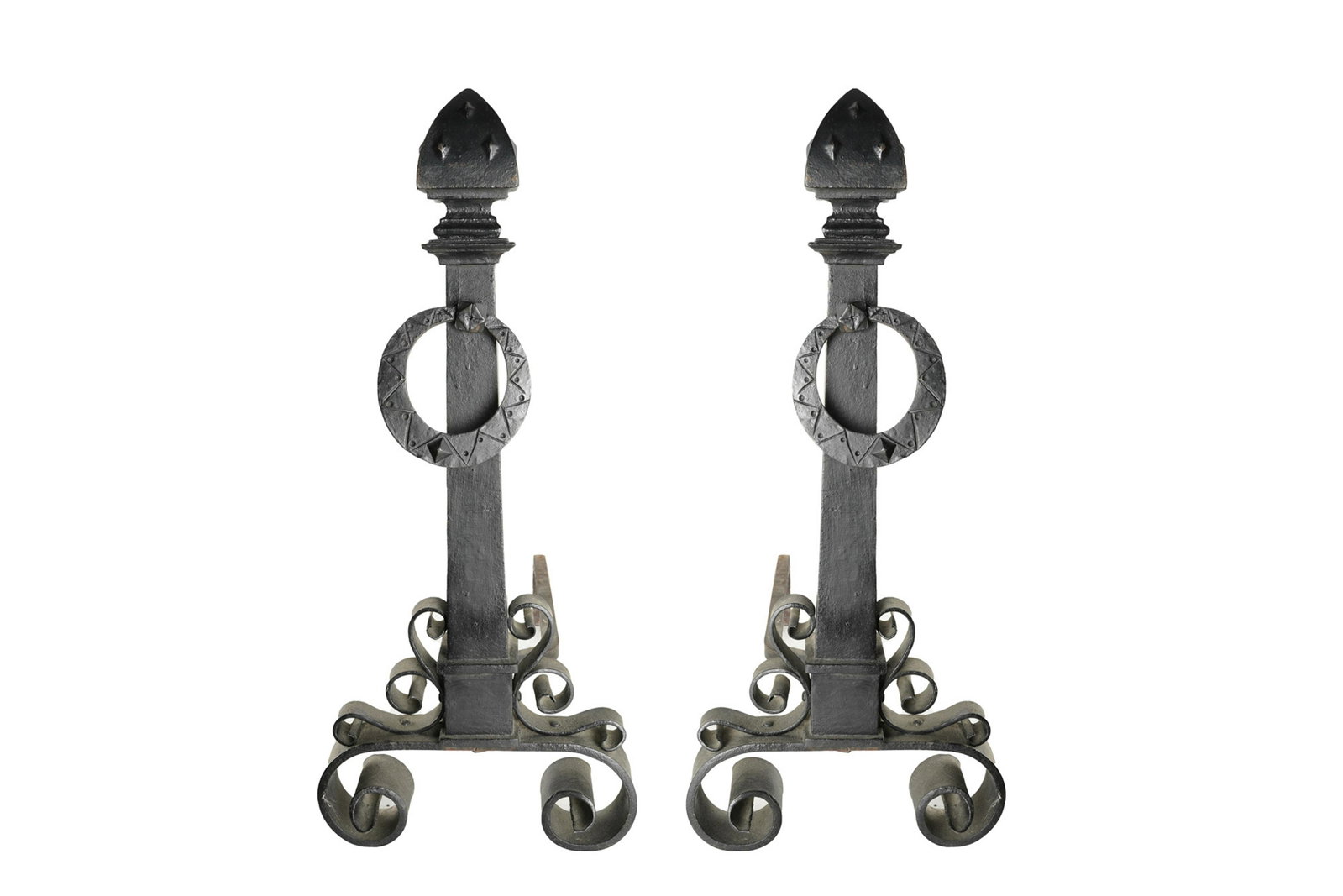 PAIR OF PAINTED IRON ANDIRONS: Condition: with areas of oxidation and paint loss; 14 inches wide; 26 inches deep; 32 inches high