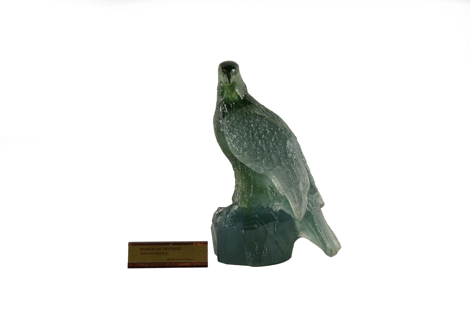 DAUM FRANCE PATE DE VERRE EAGLE: impressed "Daum France"; signed 'Deforge' to base; numbered 76/300; 10 inches high