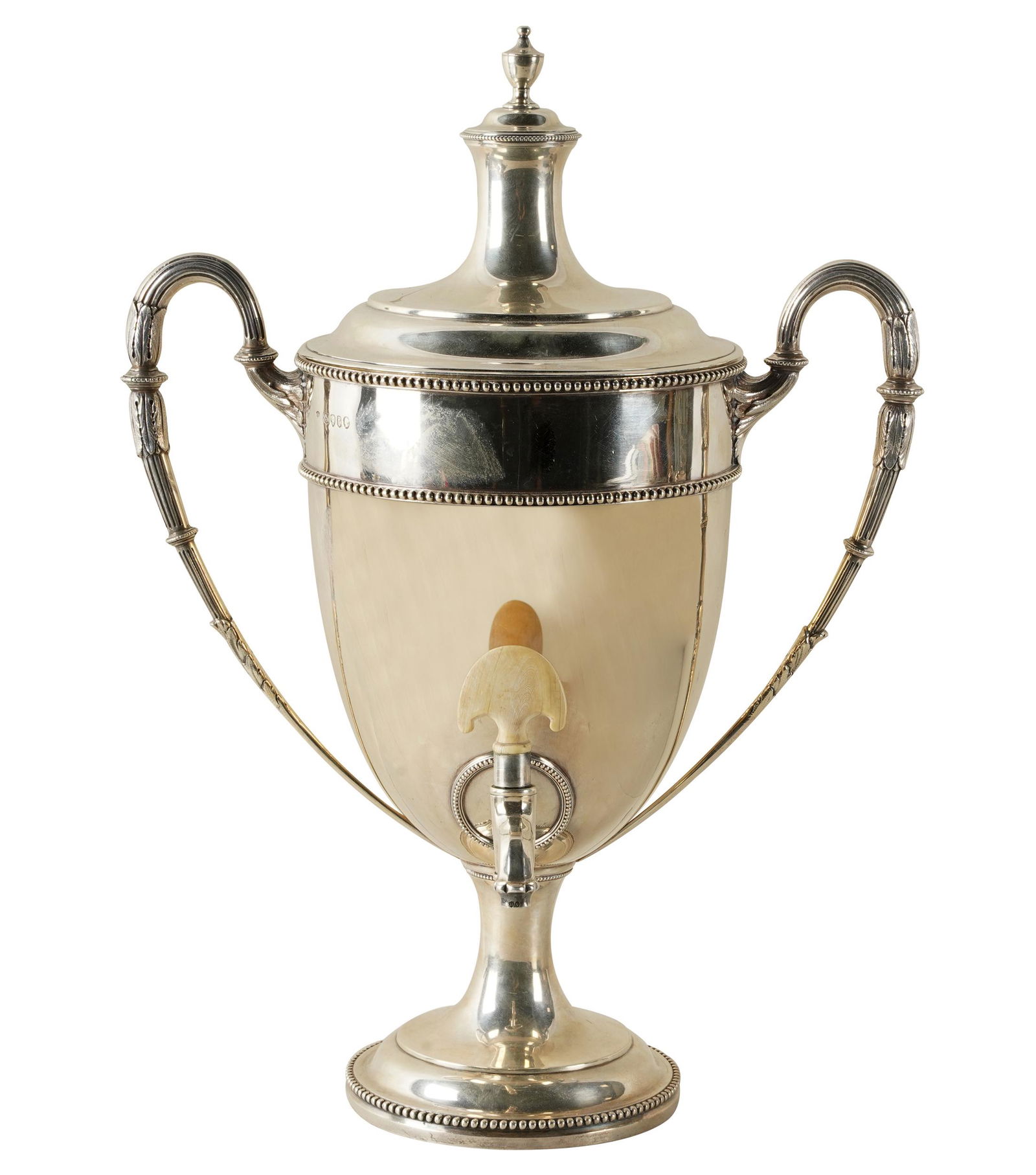 VICTORIAN STERLING SILVER HOT WATER URN: Charles Stuart Harris, London, 1874 (marked to cover and body); with bone valve handle; approximately 58 troy ounces gross weight; Condition: tarnishing; valve handle replaced; 11 1/2 inches wide; 16