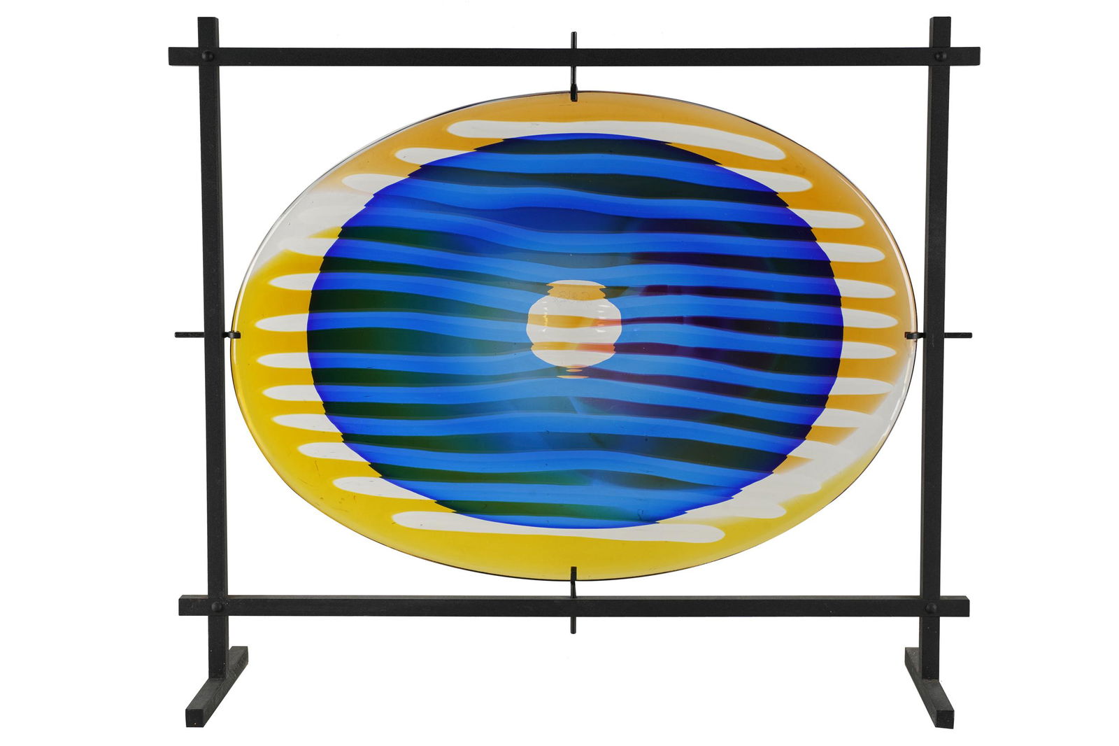 GORAN WARFF FOR KOSTA BODA: GLASS SCULPTURE: signed and inscribed "8GWAUN 977005 Kosta Boda Goran Warff Unique" verso; suspended on a metal stand; 13 1/2 x 18 inches; 18 x 21 inches overall