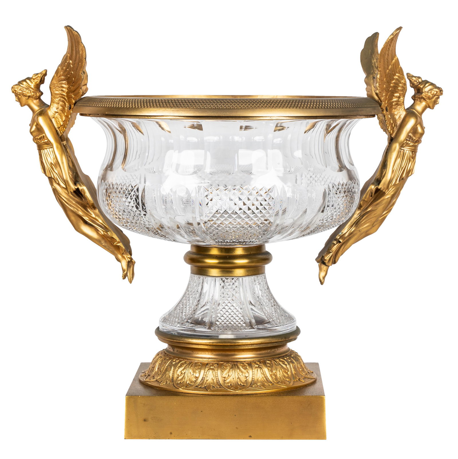 NEOCLASSIC GILT BRONZE & MOLDED GLASS CENTER BOWL: with winged figural handles; 22 inches wide; 16 inches deep; 20 inches high