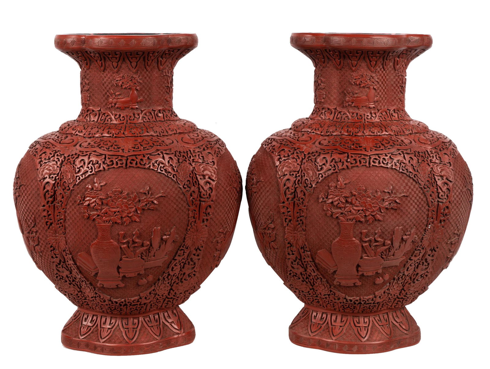 PAIR OF CHINESE MOLDED RED LACQUERED VASES (1 of 14)