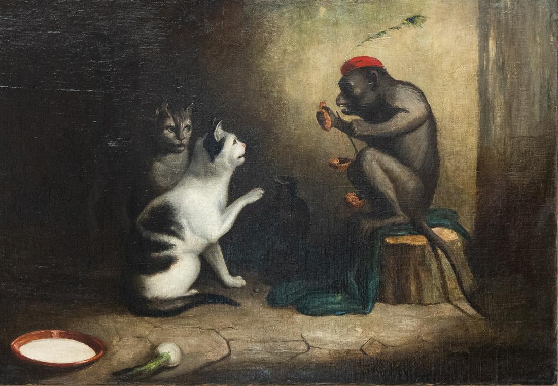 CONTINENTAL SCHOOL: monkey with cats; oil on canvas relined; unsigned; Provenance: Michael Davis, Richmond, Surrey label to stretcher. Sotheby's- Belgravia label to frame verso. The Estate of Barry Tarlow, Los Angeles; C