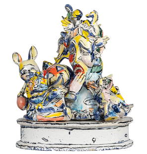 VIOLA FREY (1933 - 2004): FIGURAL GROUP: glazed ceramic; appears unsigned; Condition: figures mounted to base with earthquake glue; constructed in two parts; 23 inches wide; 14 inches deep; 28 inches high