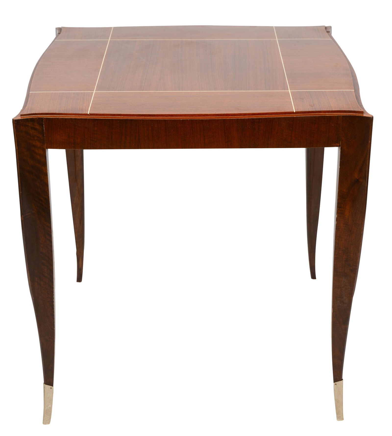 LUCIEN ROLLIN: ART DECO GAMES TABLE: macassar; the serpentine square top inlaid with bone, over two opposing frieze drawers, on square-section legs tapering to slightly out-swept feet with silver-plated sabots; Provenance: Makassar-Franc