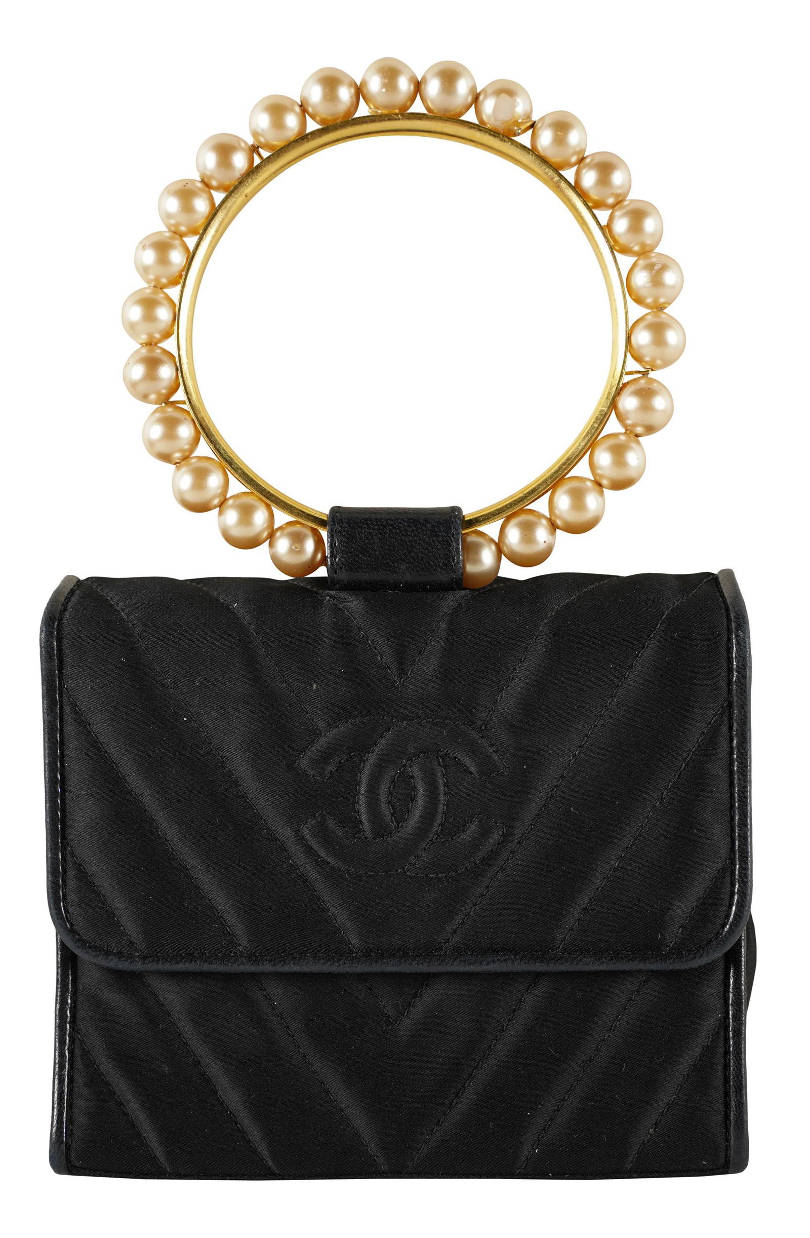 CHANEL BLACK QUILTED SILK & FAUX PEARL EVENING BAG (1 of 7)