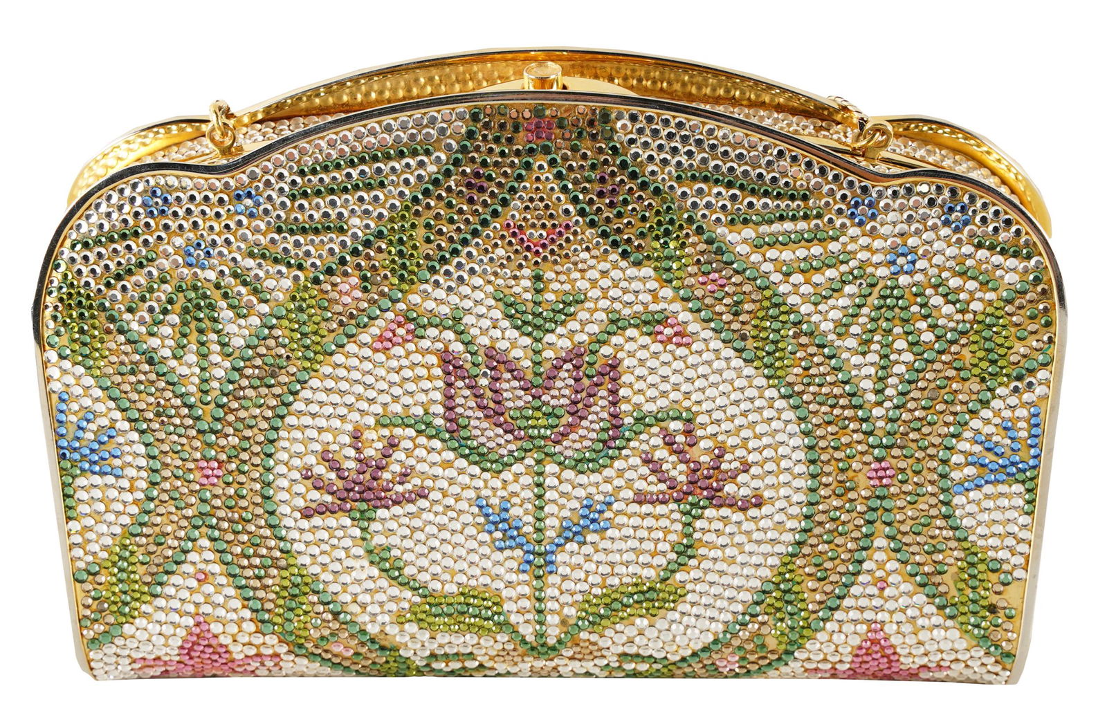 JUDITH LEIBER FLORAL MINAUDIERE: with label; Provenance: Estate from The Wilshire, Los Angeles 7 inches wide; 4 3/4 inches high; the chain: 19 1/4 inches