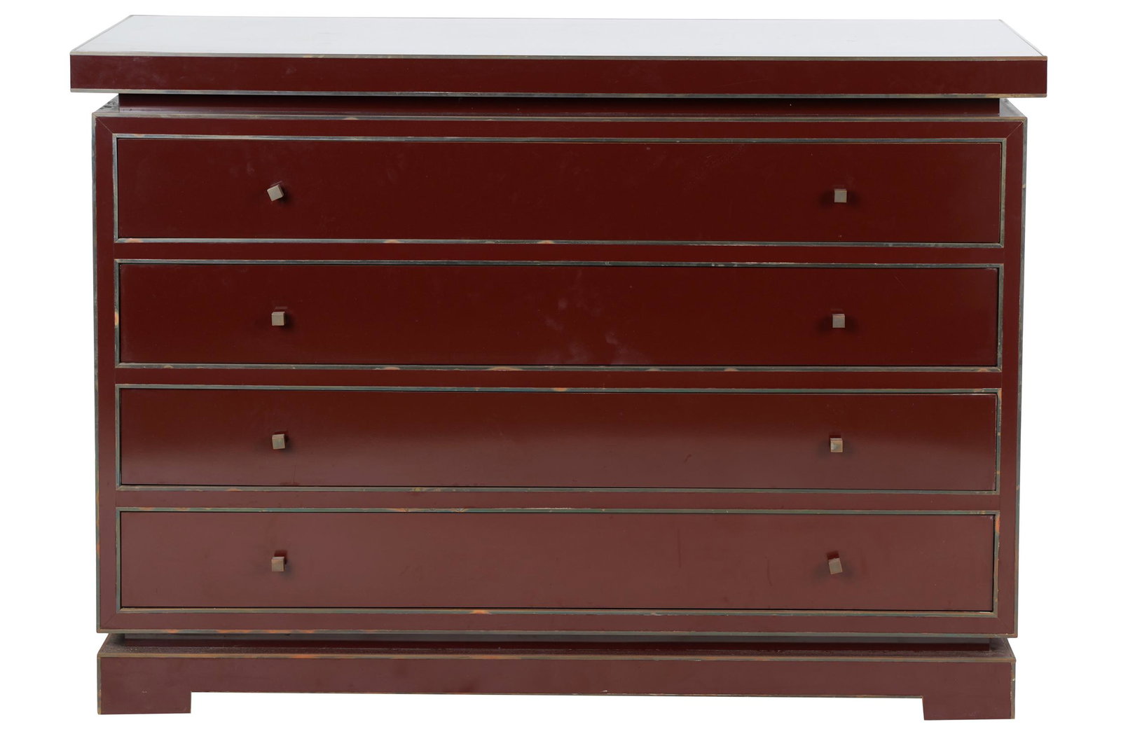 MAISON JANSEN BRASS-MOUNTED LACQUERED CHEST OF DRAWERS: unsigned; Condition: overall good; minor scratches to top; 47 1/4 inches wide; 16 inches deep; 34 inches high