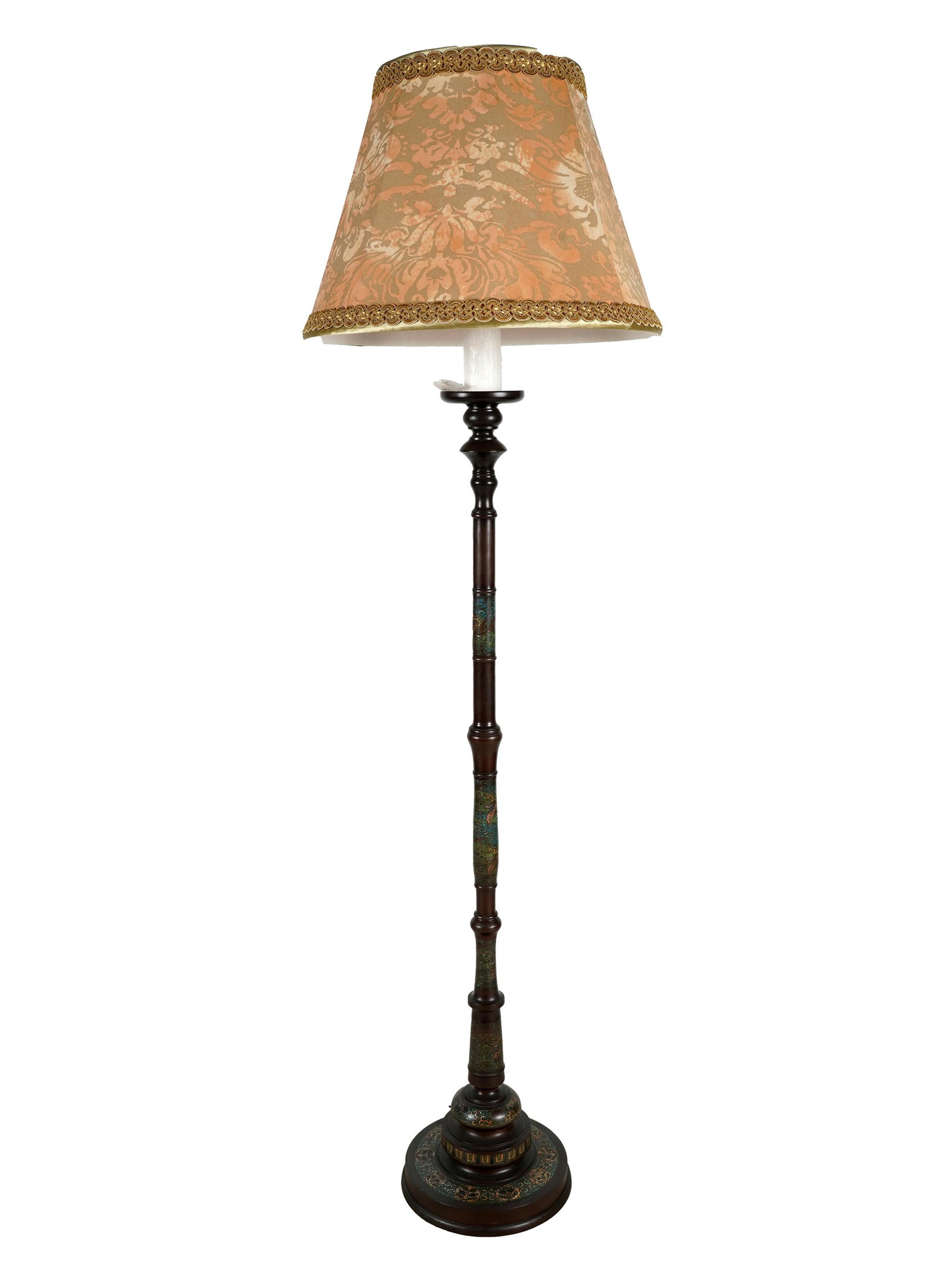CHAMPLEVE TORCHIERE FLOOR LAMP: with Fortuny silk shade; 69 inches high