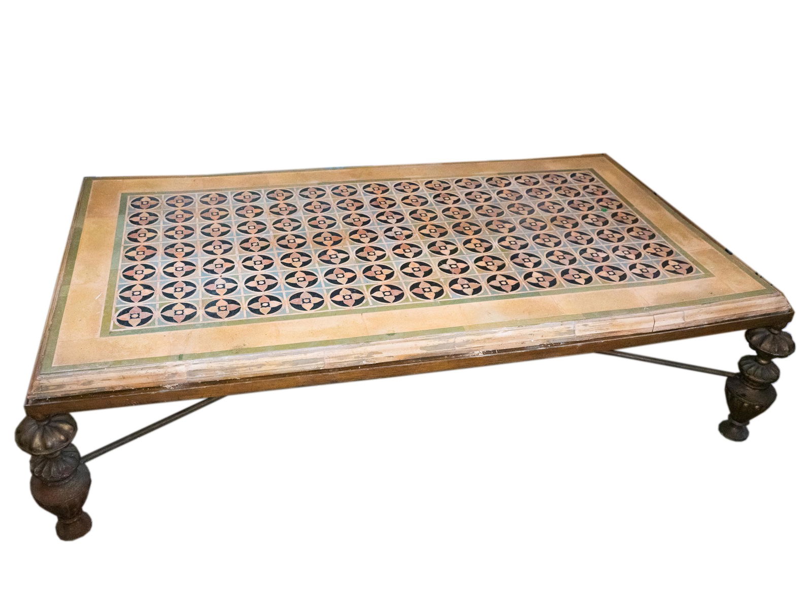 MARBLE MOSAIC-TOP COFFEE TABLE: on a gilt metal frame; Condition: one leg detached; cracks and chips to top; 72 inches wide; 42 inches deep; 19 inches high