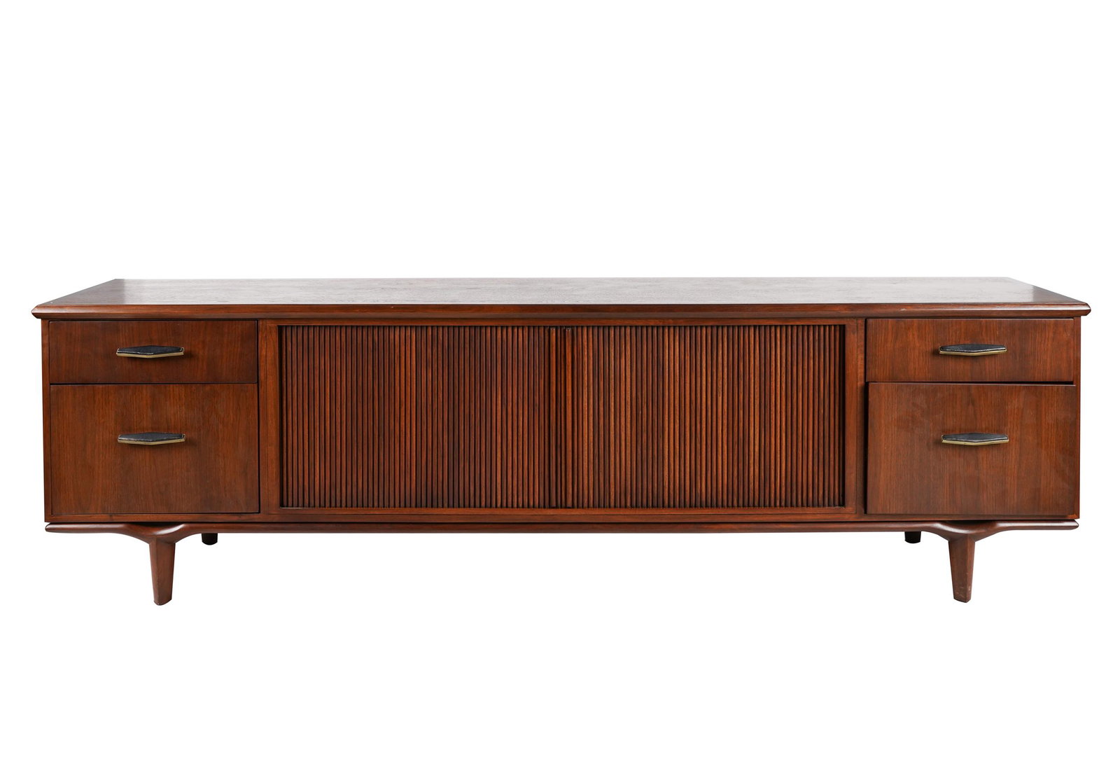 MID CENTURY-MODERN CREDENZA: with two drawers on either side flanking a tambour door; 96 inches wide; 20 inches deep; 28 1/2 inches high