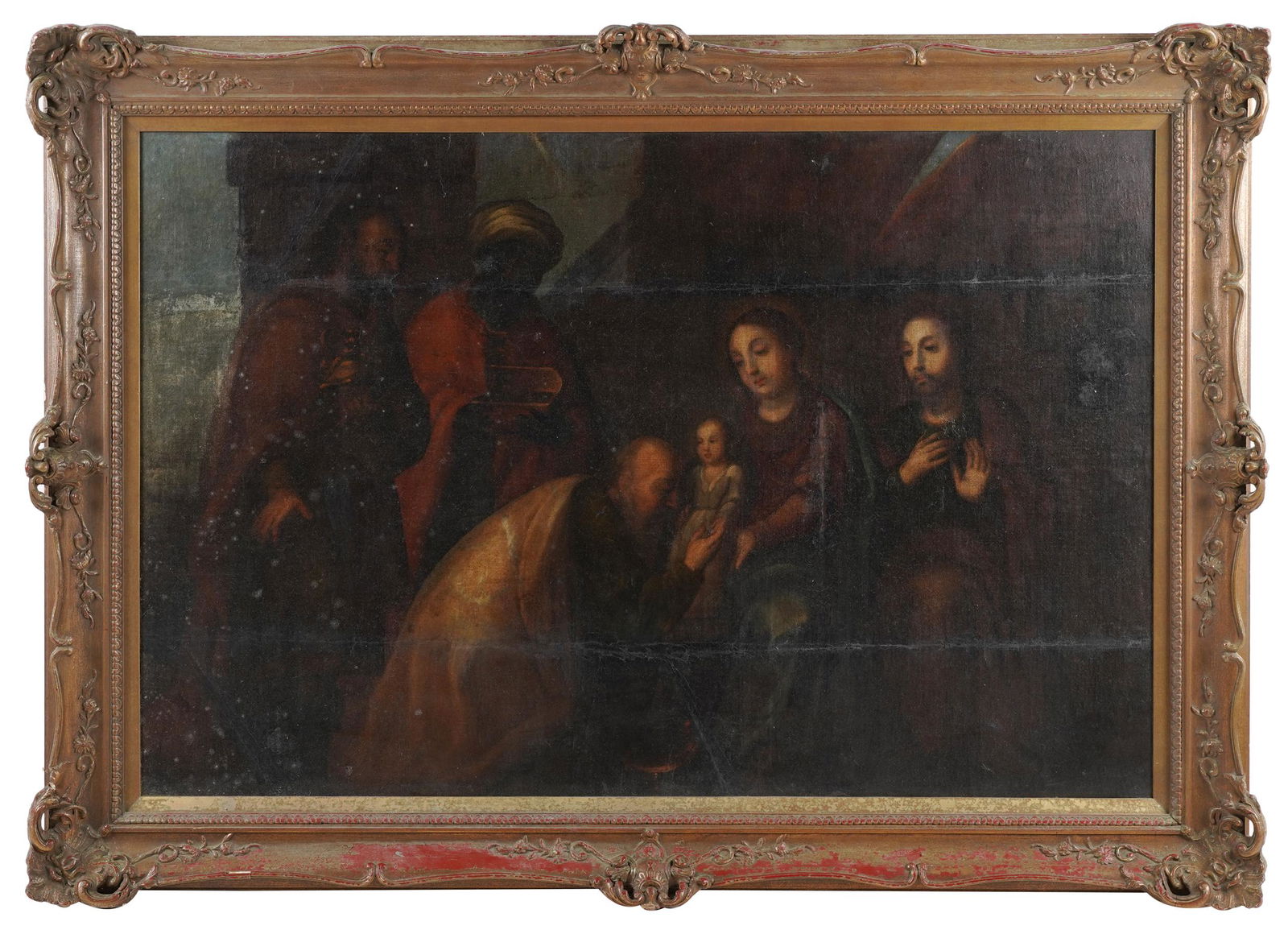 CONTINENTAL SCHOOL: The Three Kings; oil on canvas laid down on canvas; Condition: with restorations; mold damage; 40 x 60 inches; 51 x 72 inches frame