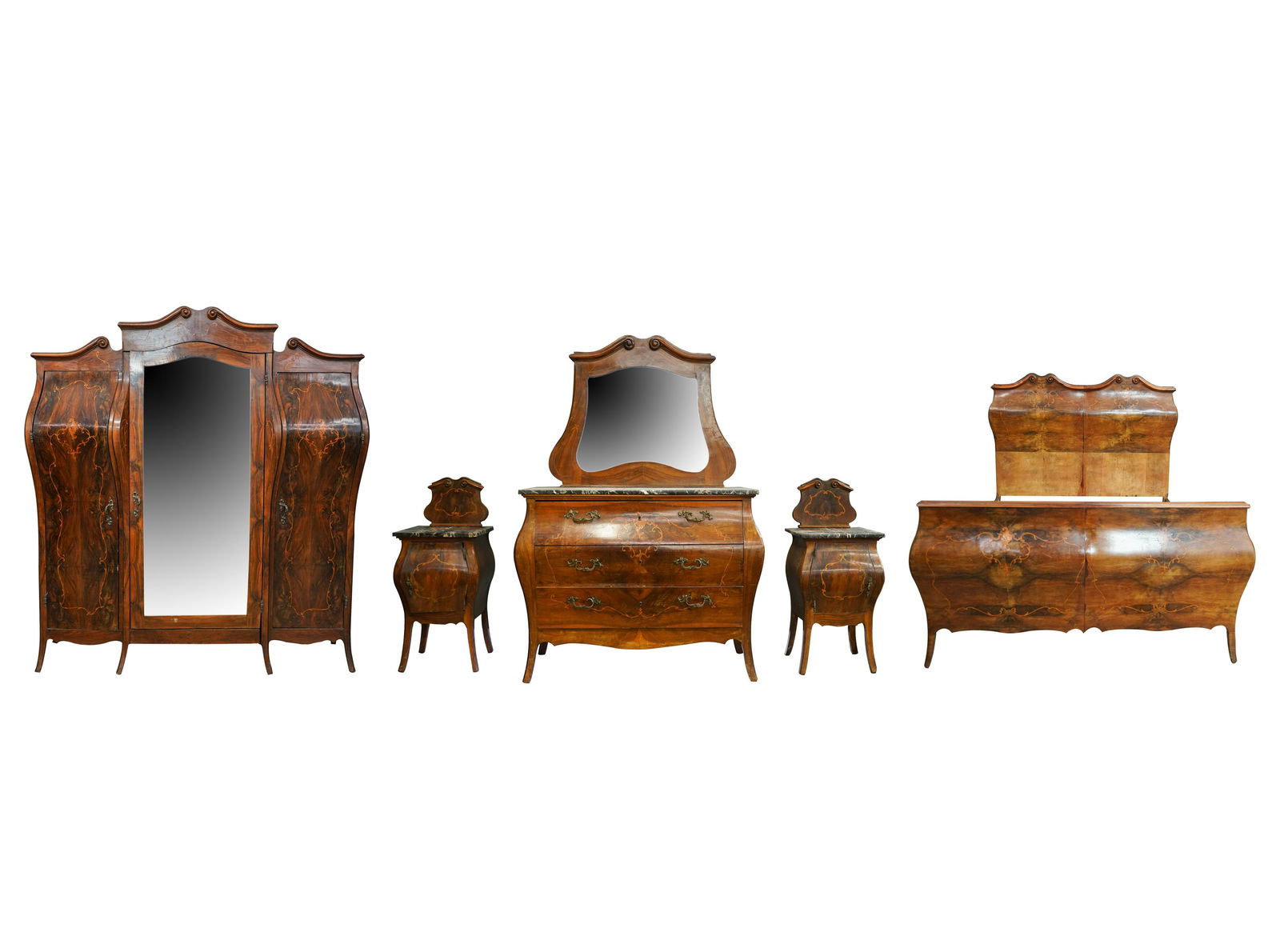 ITALIAN INLAID WALNUT BEDROOM SET: comprising a headboard and footboard (66 inches wide), an armoire (80 inches wide; 22 inches deep; 88 inches high); a pair of marble-top nightstands (each 18 inches wide), and a marble-top dresser wit