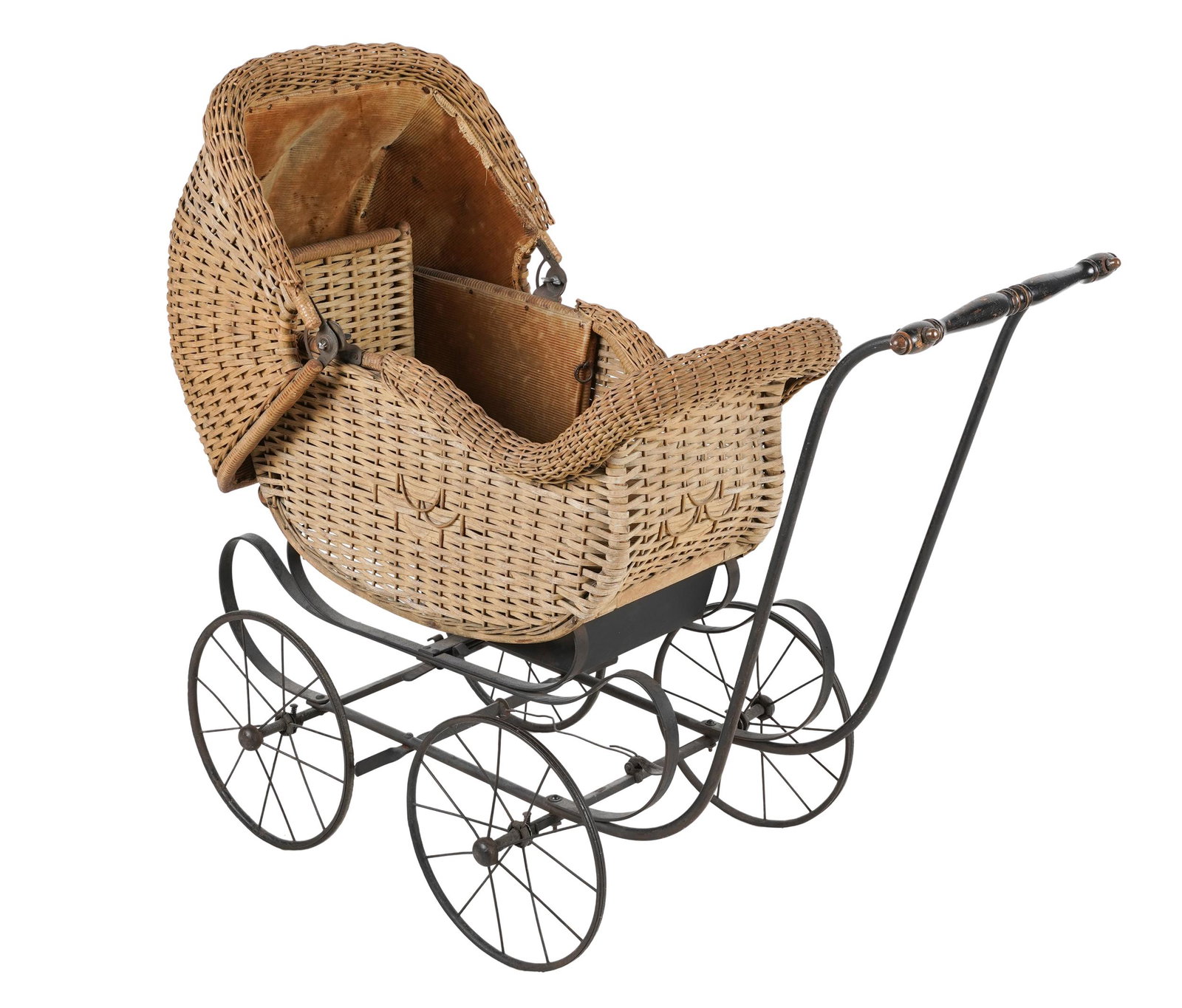 VICTORIAN WICKER & METAL PERAMBULATOR: Condition: worn throughout; breaks to wicker; tires and soil to interior; fabric lining later; 38 inches wide; 16 1/2 inches deep; 34 inches high